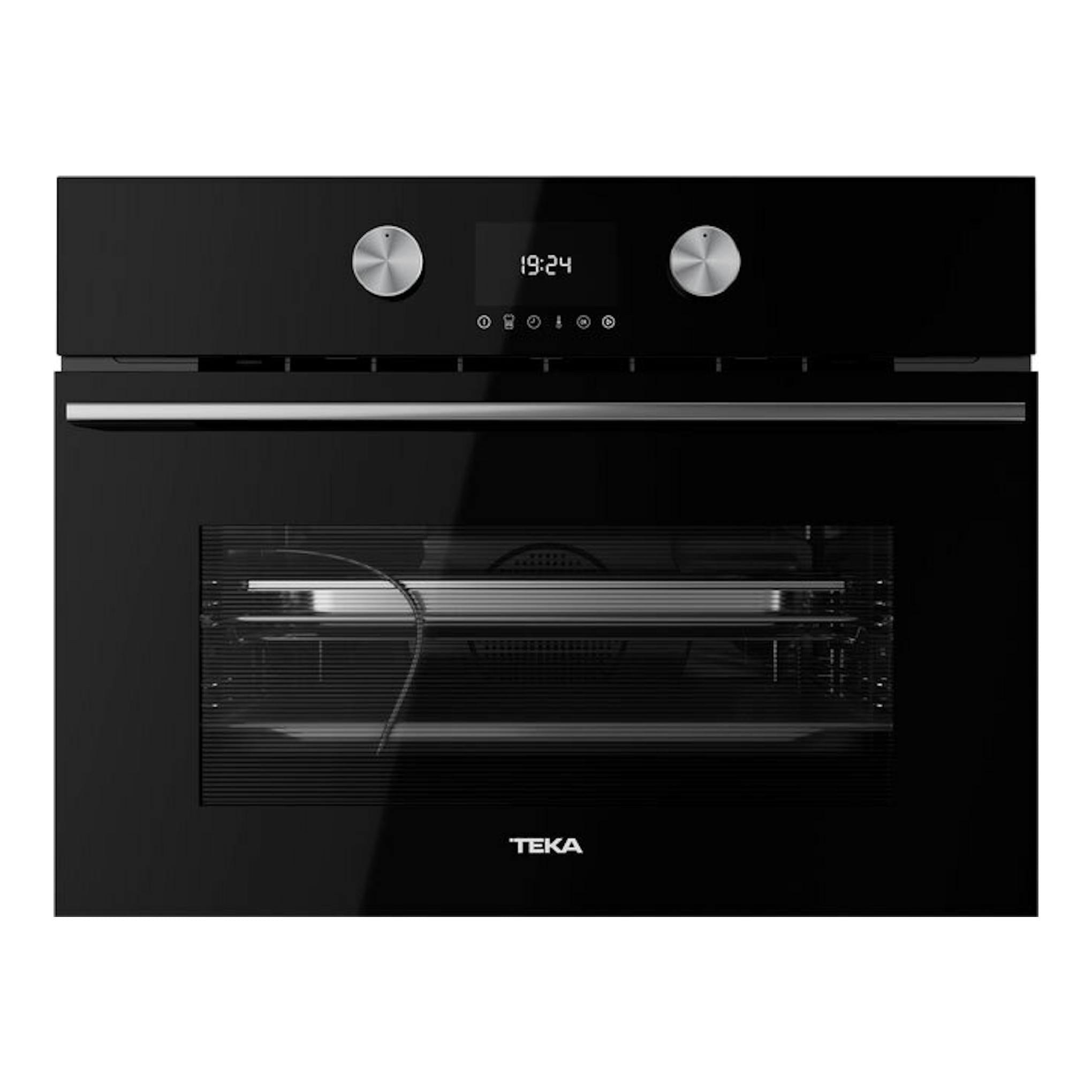 Horno Teka HLC8470SC de cristal negro, vista frontal, con dos mandos plateados y display digital.