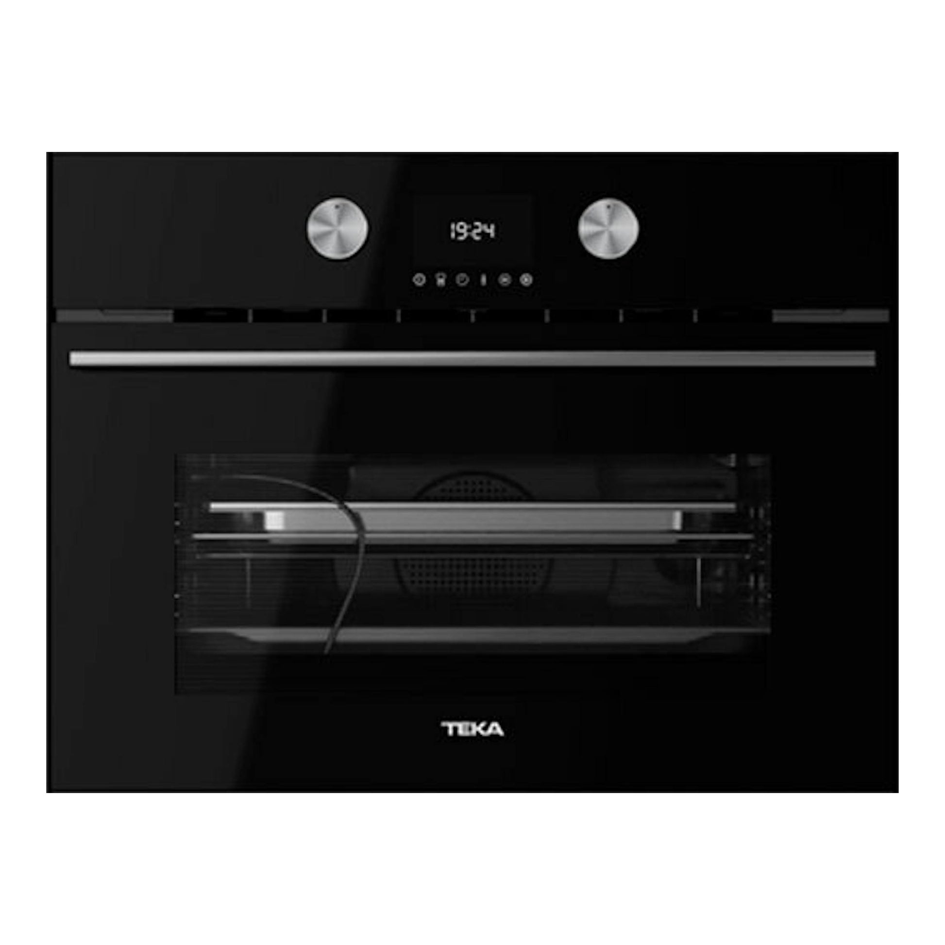 Horno Teka HLC8470SC de cristal negro, vista frontal, con panel digital y dos mandos plateados.