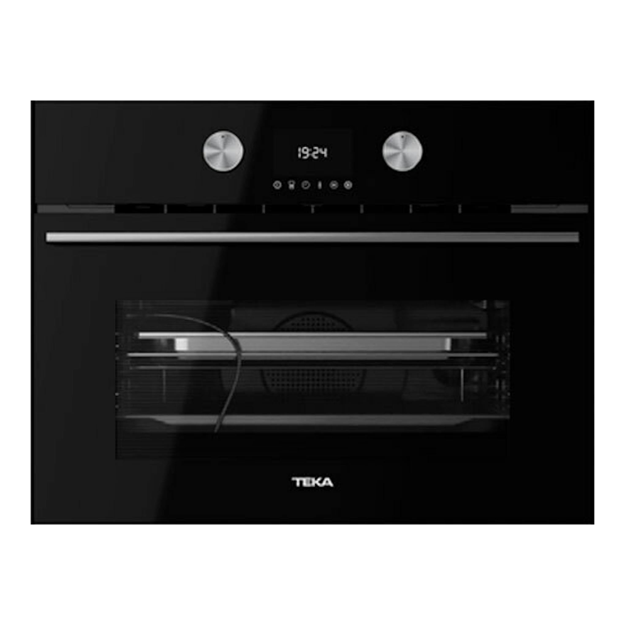 Horno Teka HLC8470SC de cristal negro, vista frontal, con panel digital y dos mandos plateados.