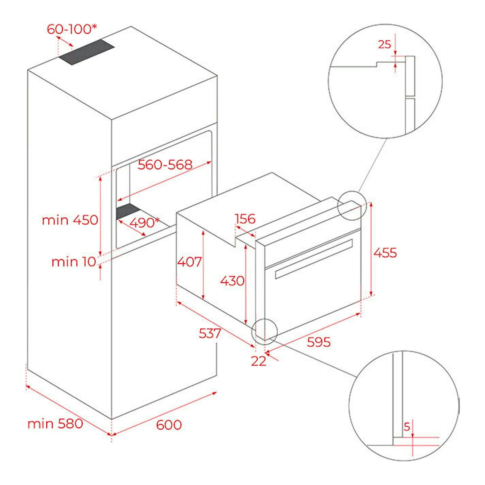 Diagrama técnico del horno Teka HLC8470SC de cristal negro, con medidas de instalación y vistas frontal y lateral.