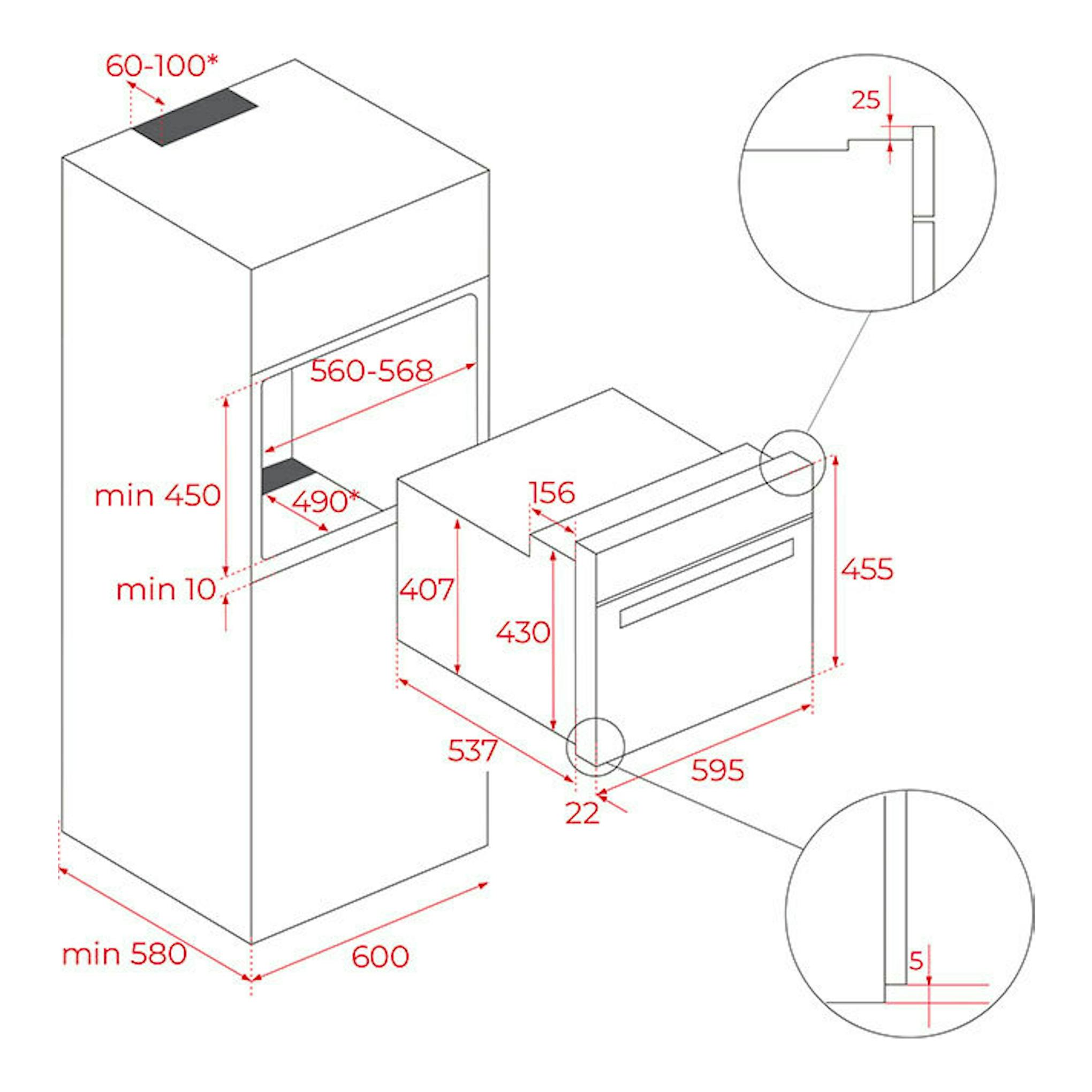 Diagrama técnico del horno Teka HLC8470SC de cristal negro, con medidas de instalación y vistas frontal y lateral.