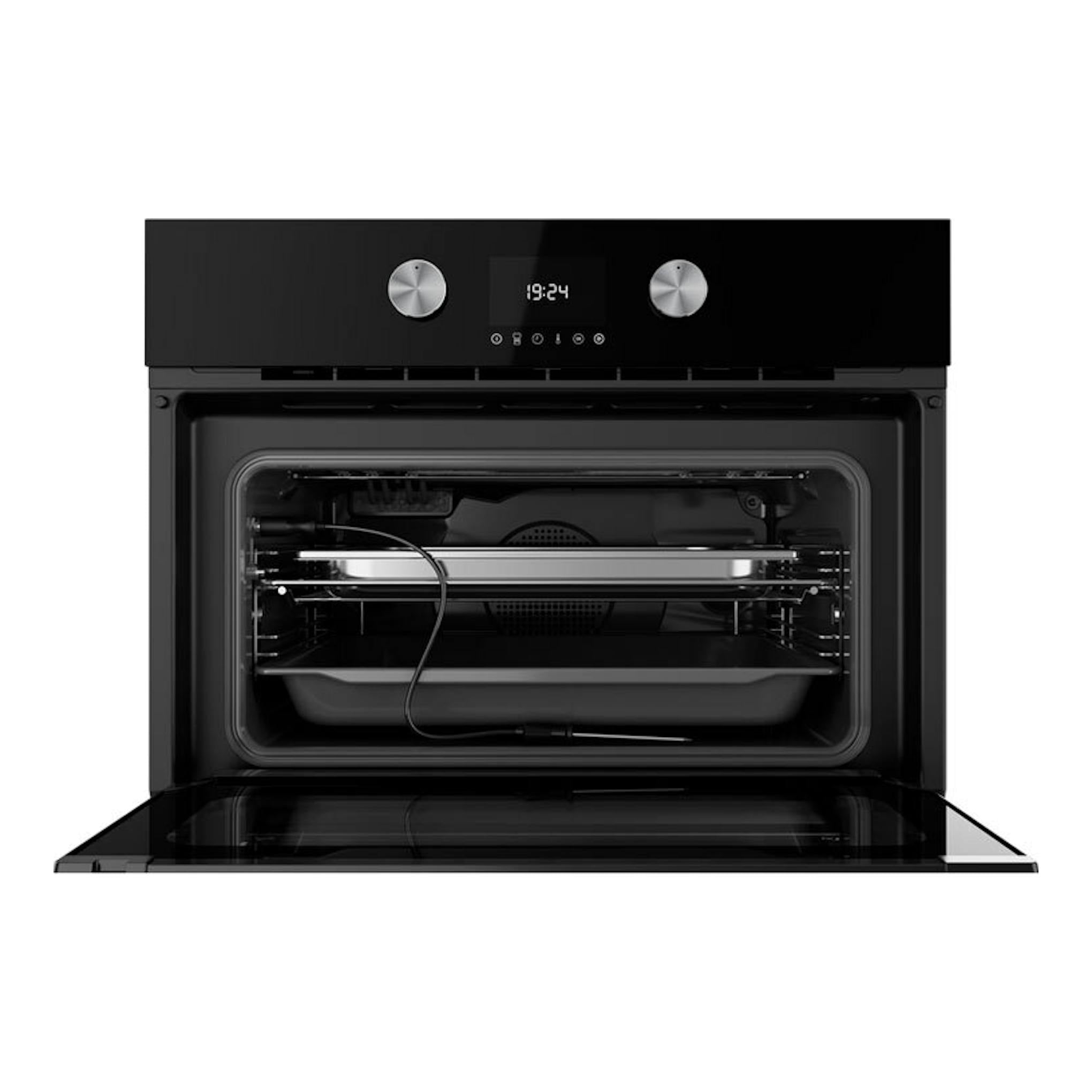 Horno Teka HLC8470SC de cristal negro, vista frontal con puerta abatible abierta y panel digital central.