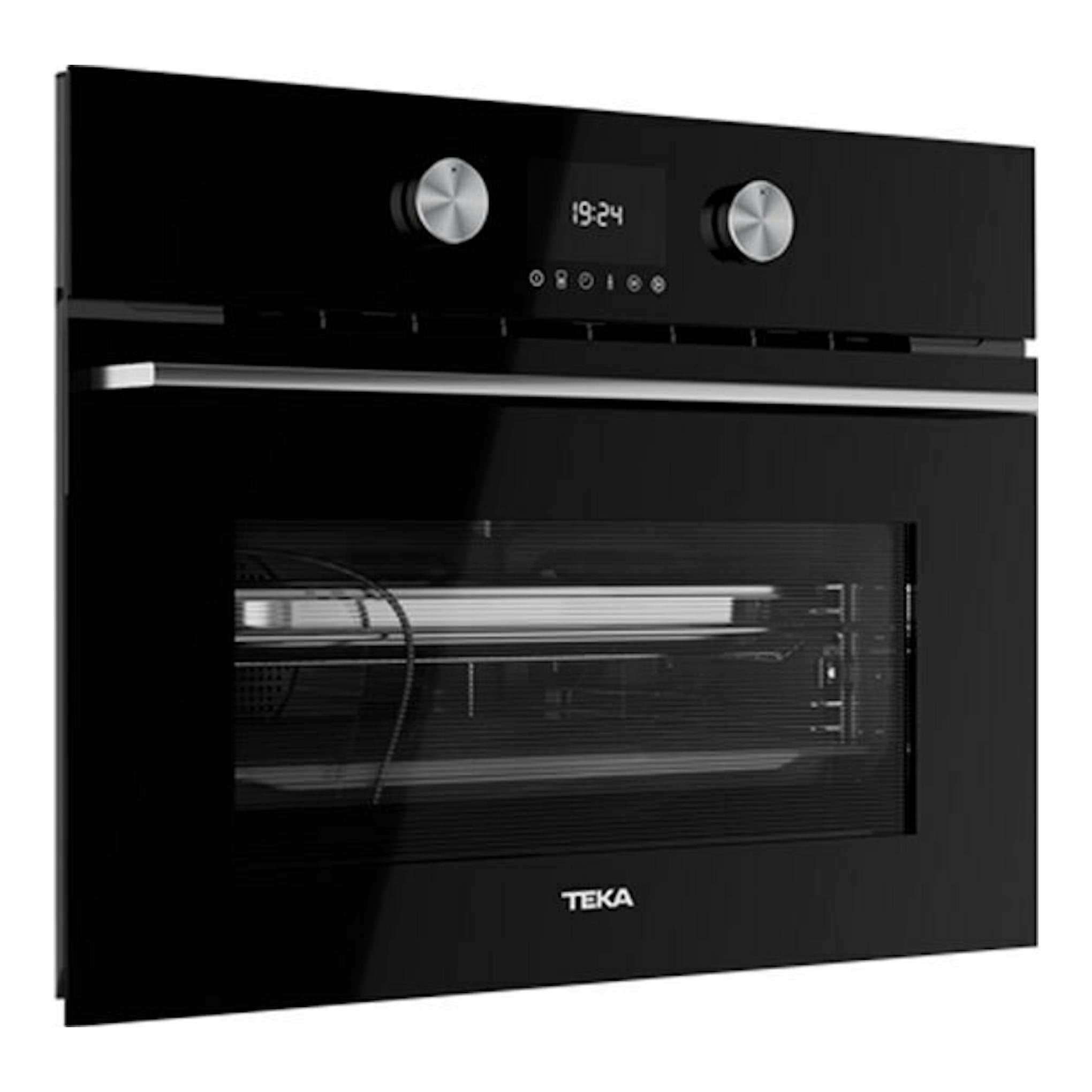 Horno empotrable Teka HLC8470SC de cristal negro, vista frontal en ángulo, con mando y pantalla digital.