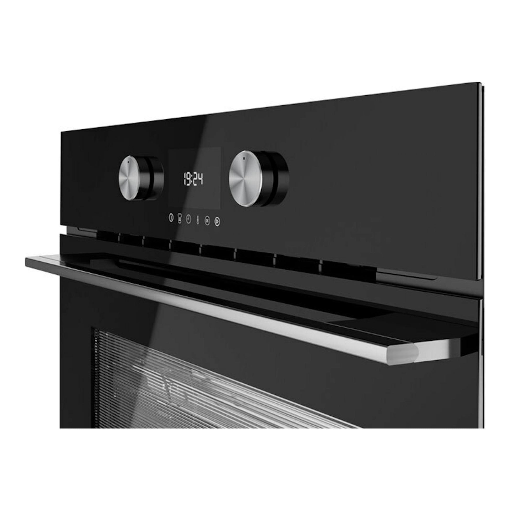 Horno Teka HLC8470SC de cristal negro, vista frontal en ángulo, con dos mandos plateados y reloj digital.