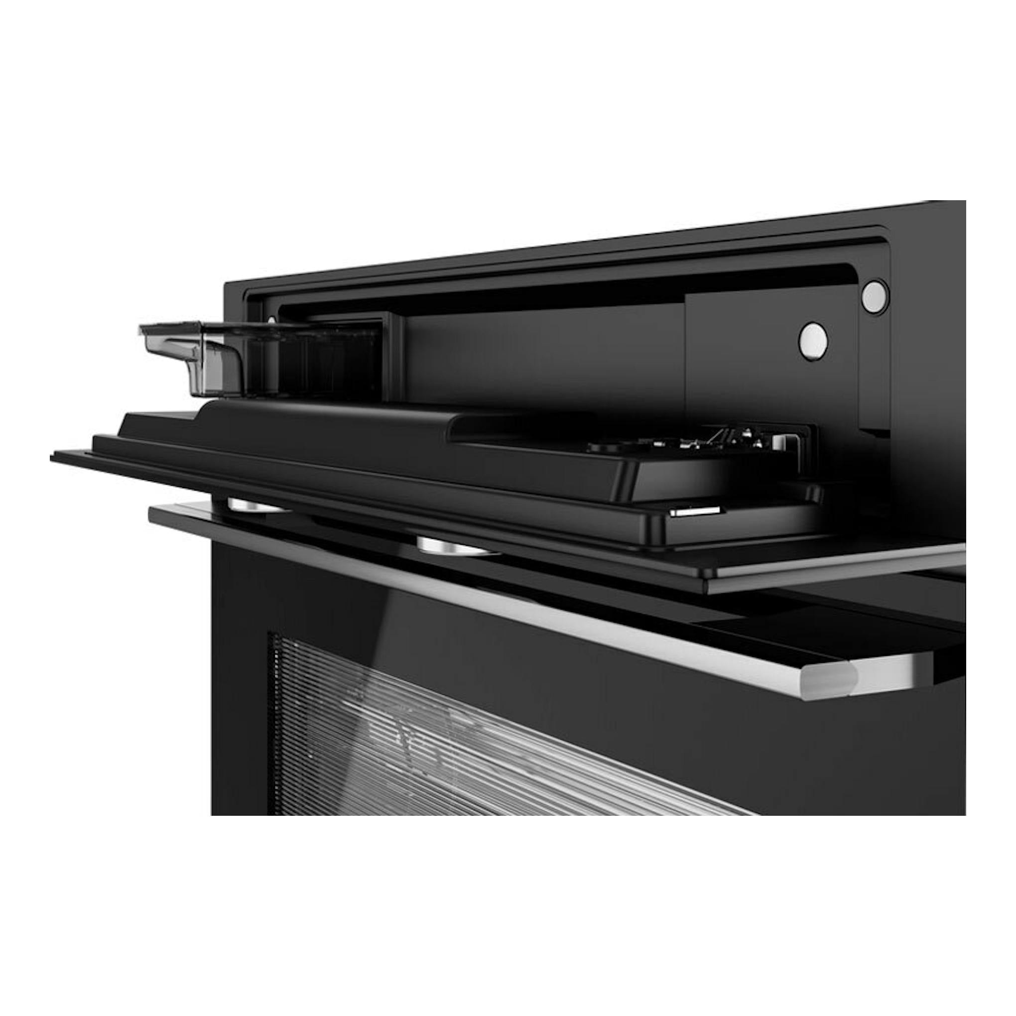 Horno Teka HLC8470SC de cristal negro, vista frontal en ángulo, con la puerta abatible abierta.
