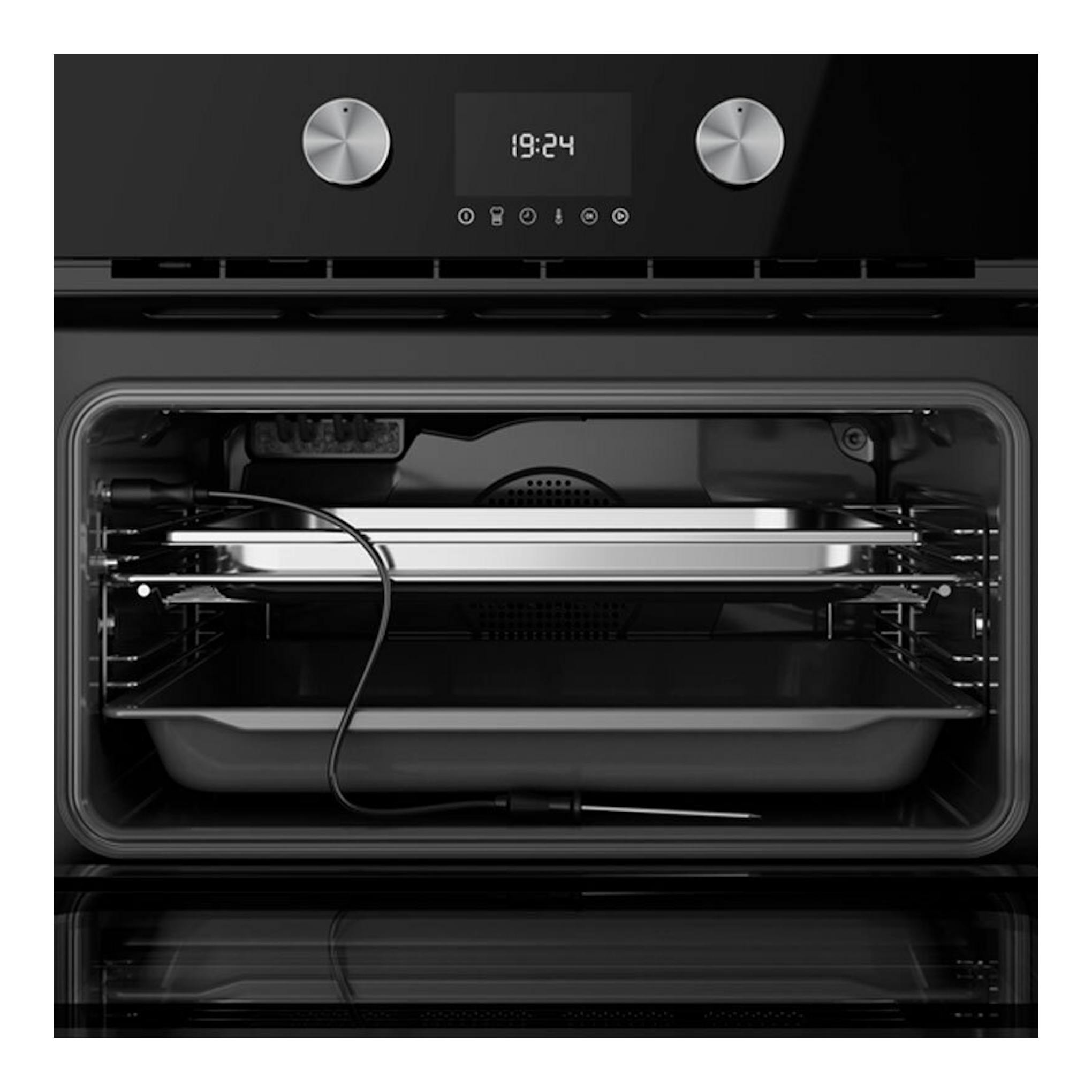Horno Teka HLC8470SC de cristal negro, vista frontal con panel digital, dos mandos e interior visible.