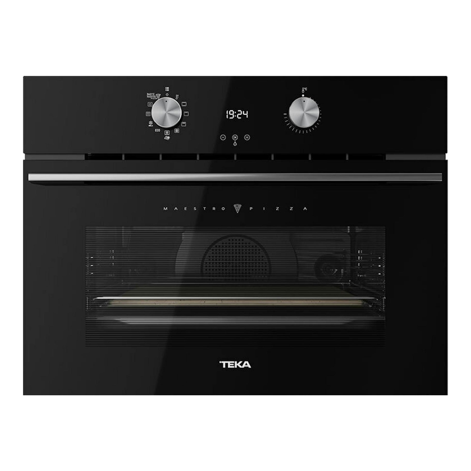 Horno Teka HLC8510 P de cristal negro, vista frontal, con dos mandos y display digital.