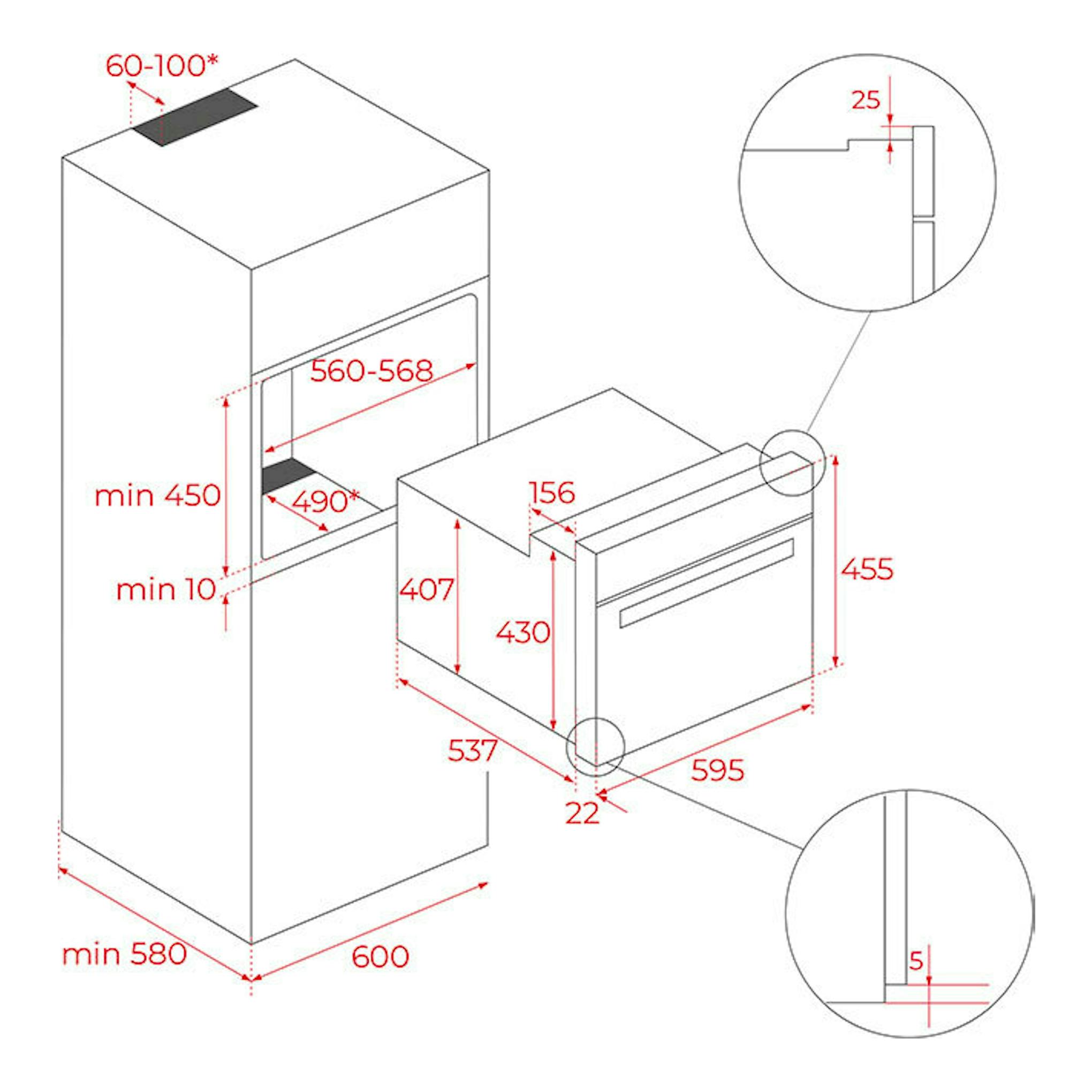 Esquema técnico del horno Teka HLC8510 P en cristal negro, vista frontal y lateral con medidas de instalación.