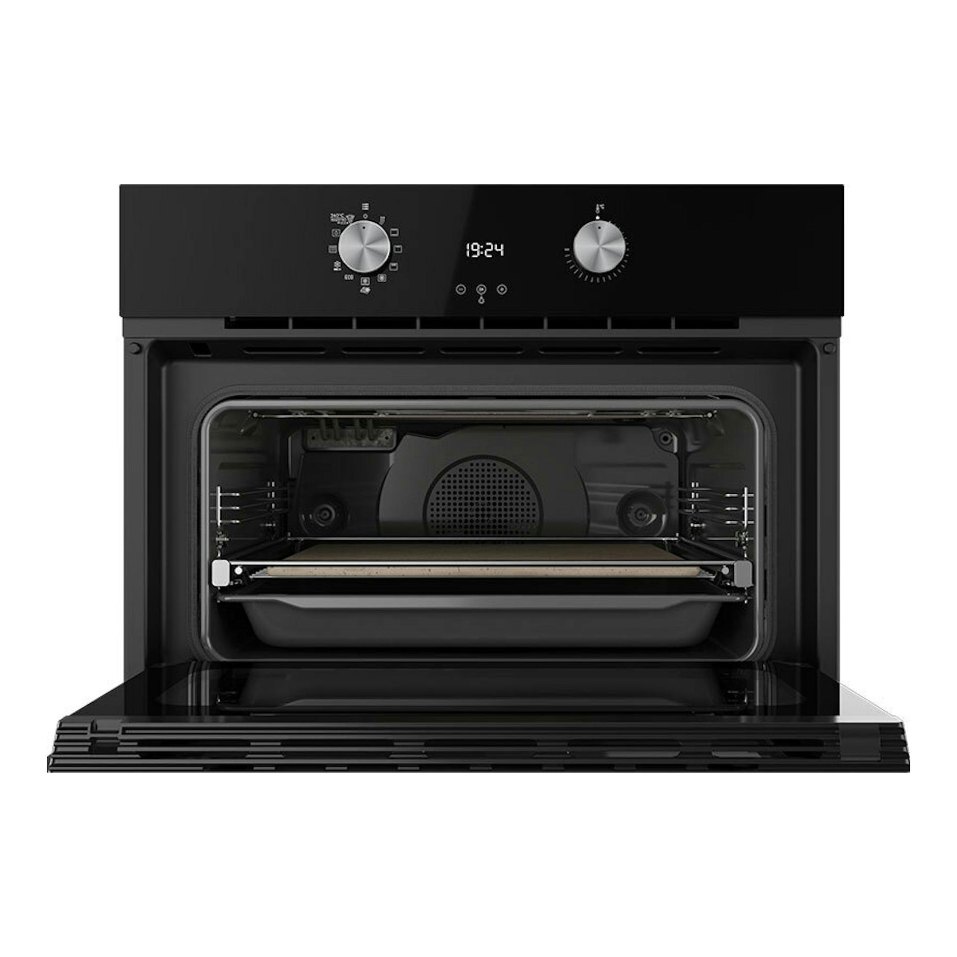 Horno Teka HLC8510 P de cristal negro, vista frontal con la puerta abierta y el interior visible.