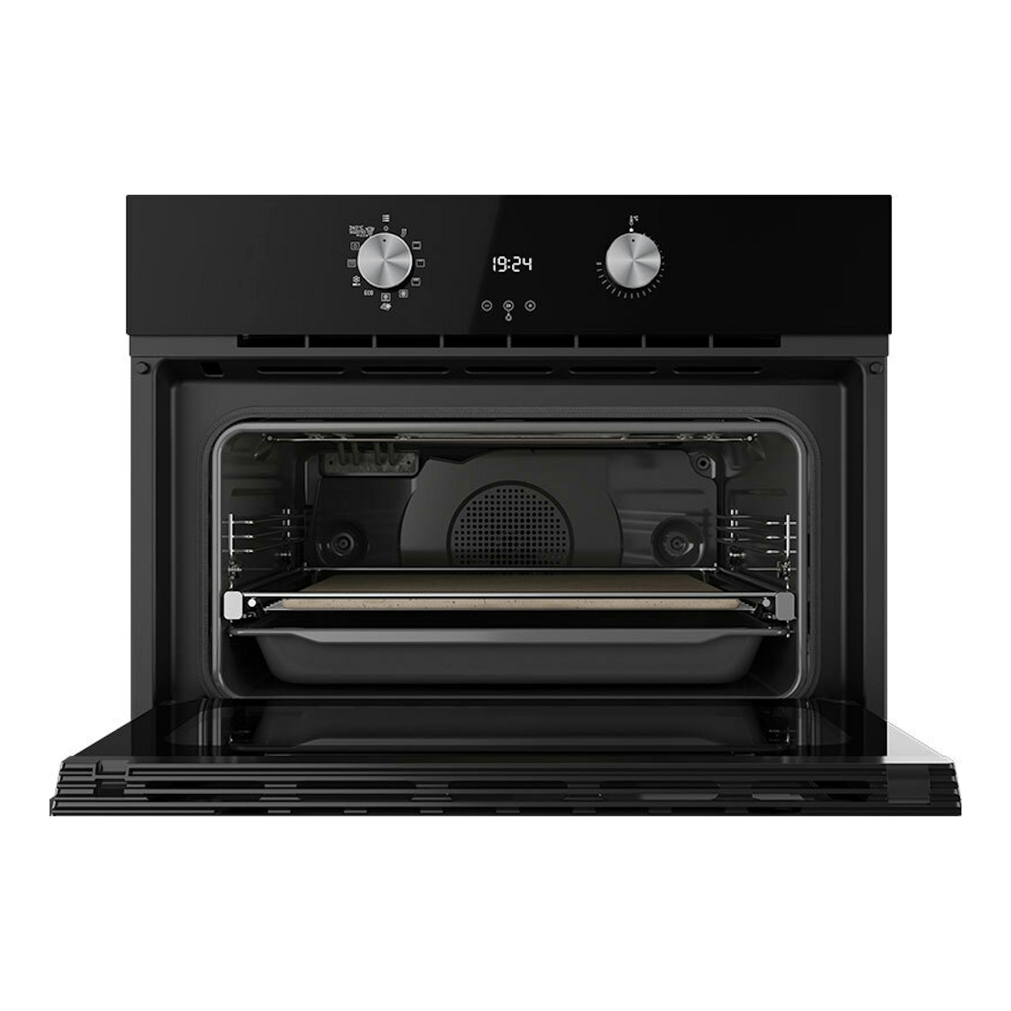 Horno Teka HLC8510 P de cristal negro, vista frontal con la puerta abierta y el interior visible.