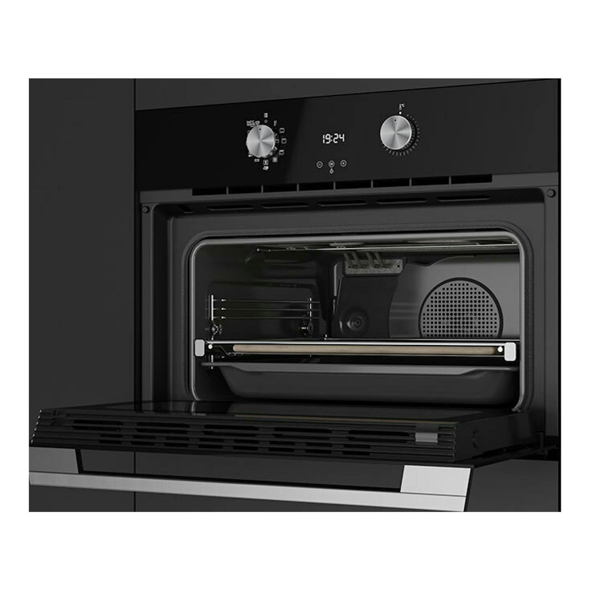 Horno empotrado Teka HLC8510 P, cristal negro, vista frontal con la puerta abierta y el interior visible.
