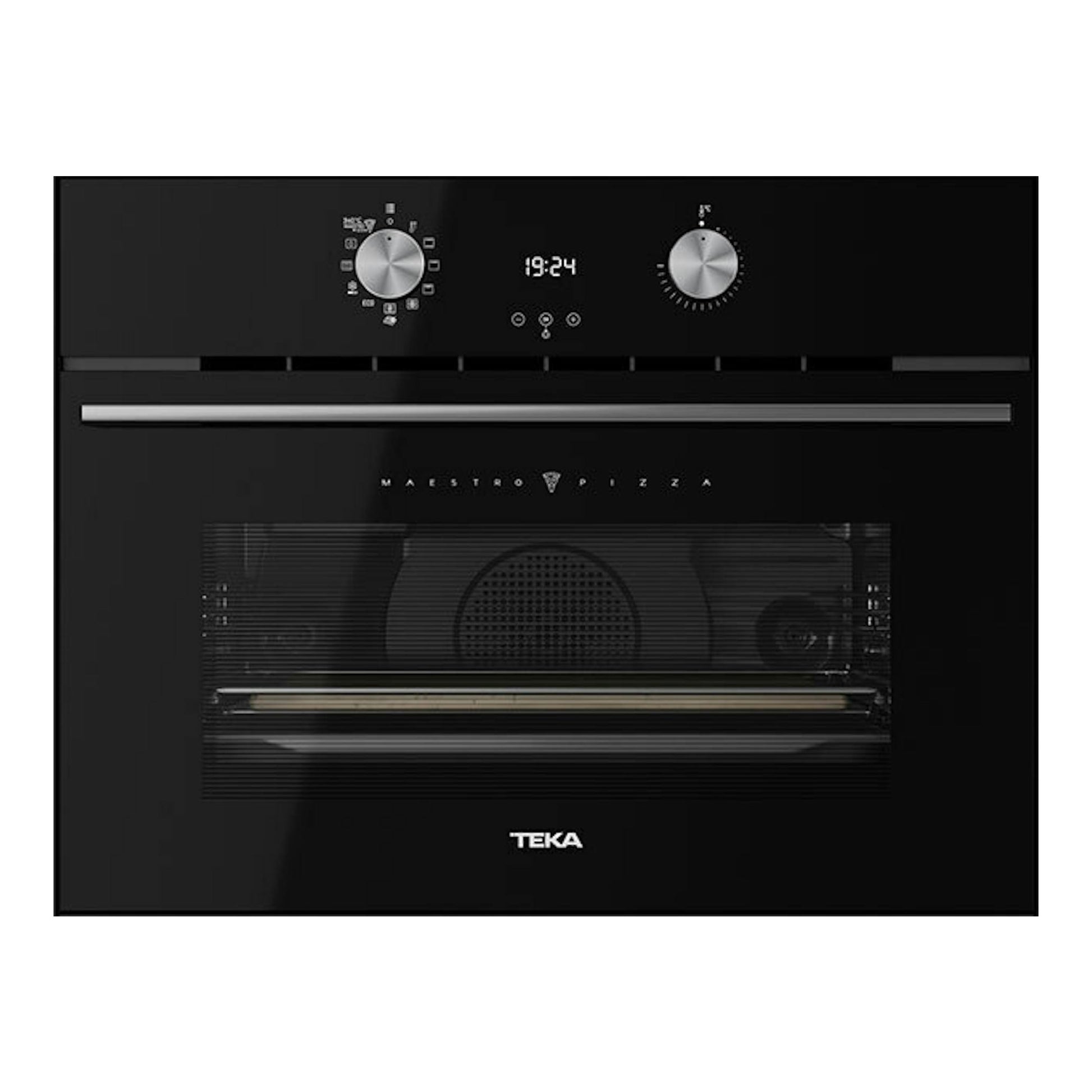 Frontal de horno Teka HLC8510 P de cristal negro, con pantalla digital y dos mandos plateados.