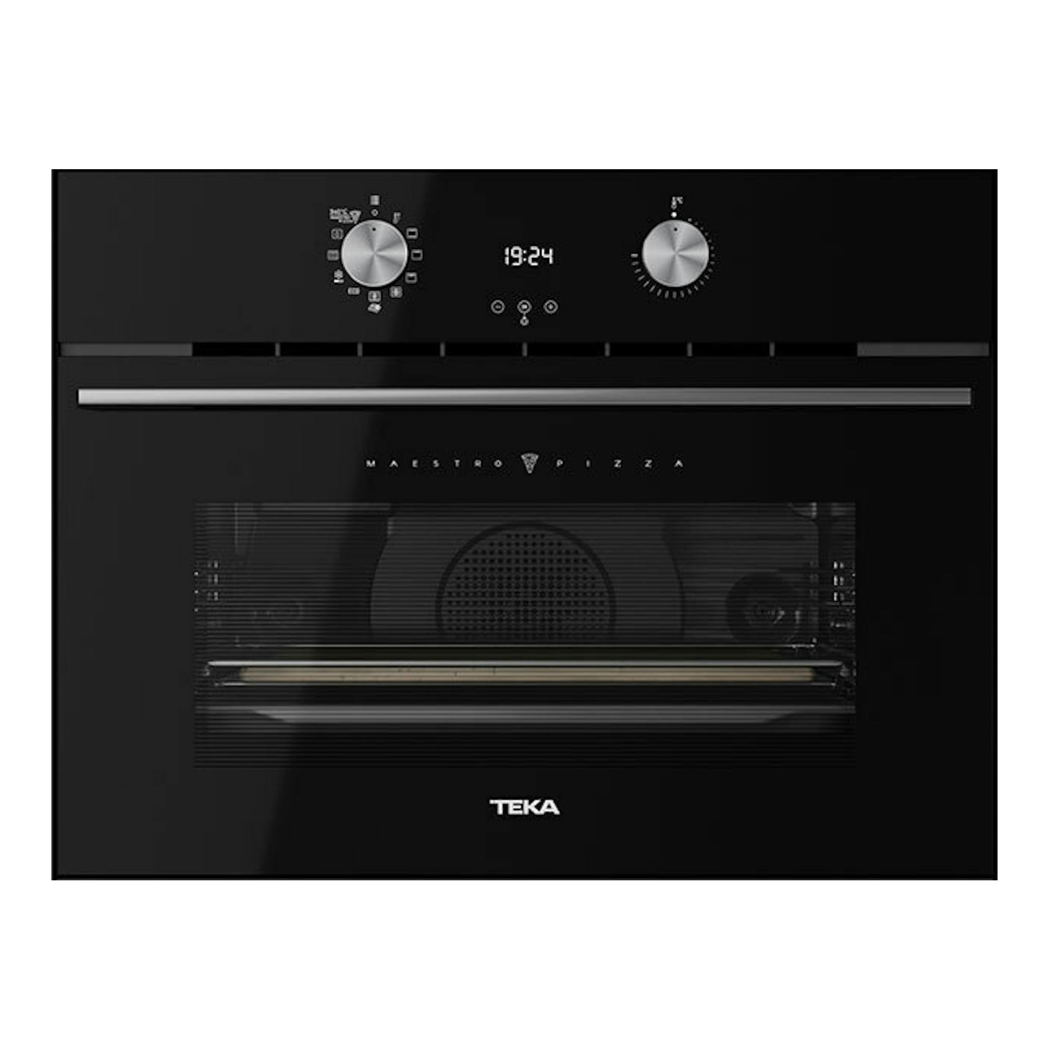 Frontal de horno Teka HLC8510 P de cristal negro, con pantalla digital y dos mandos plateados.