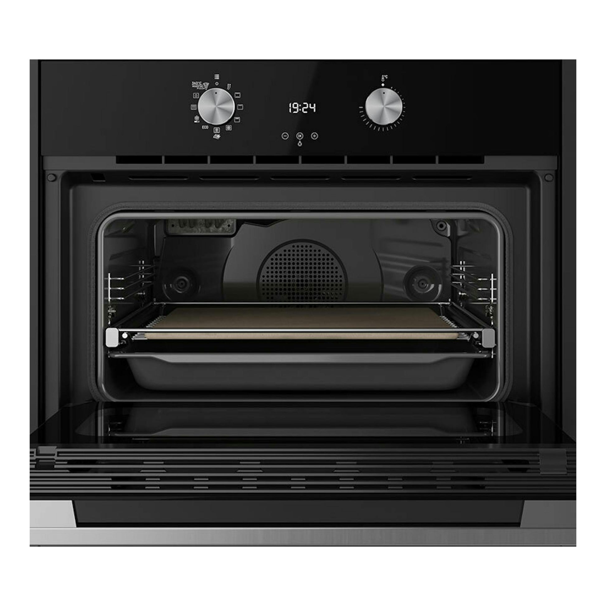 Horno Teka HLC8510 P de cristal negro, visto de frente con la puerta abierta, mandos y display digital.