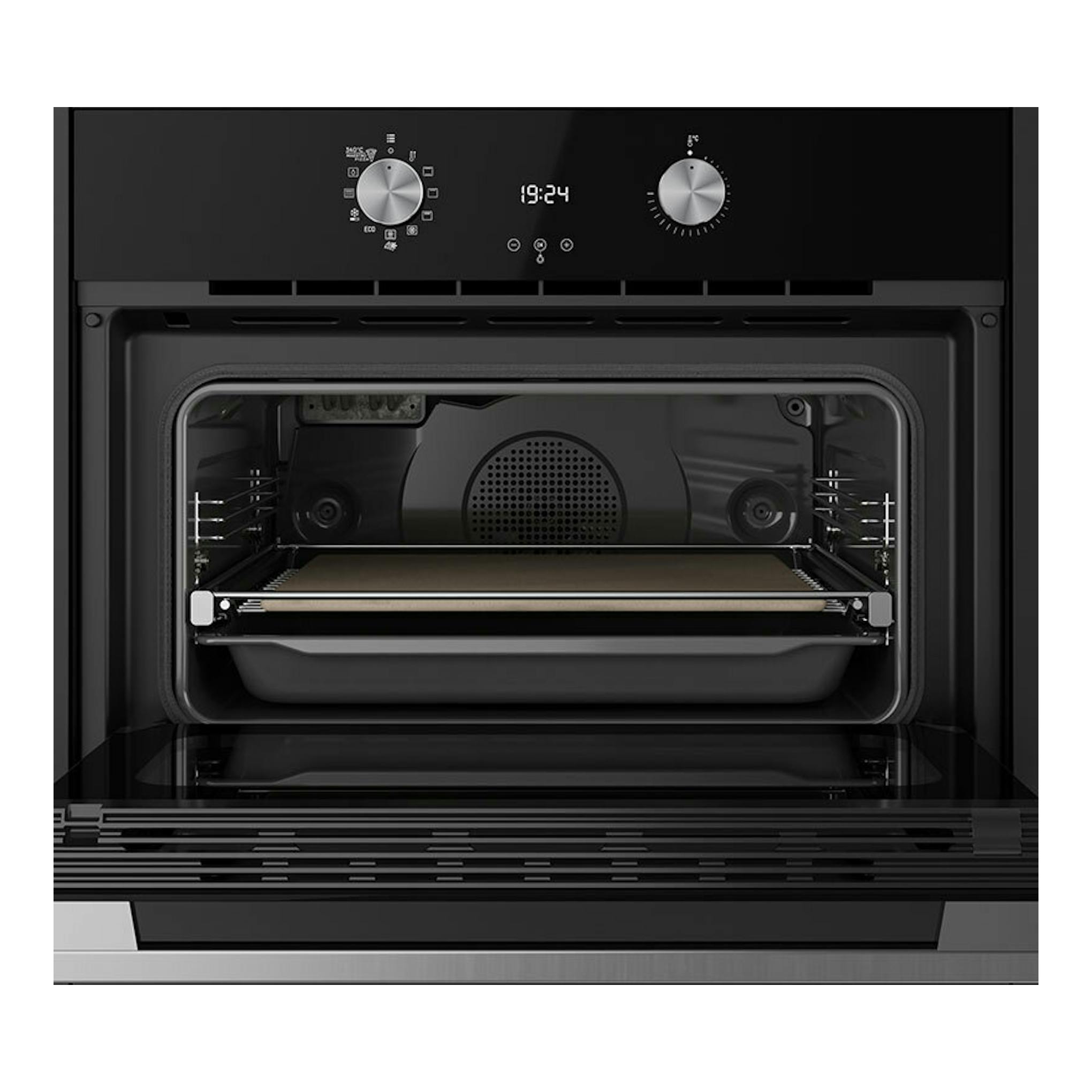 Horno Teka HLC8510 P de cristal negro, visto de frente con la puerta abierta, mandos y display digital.
