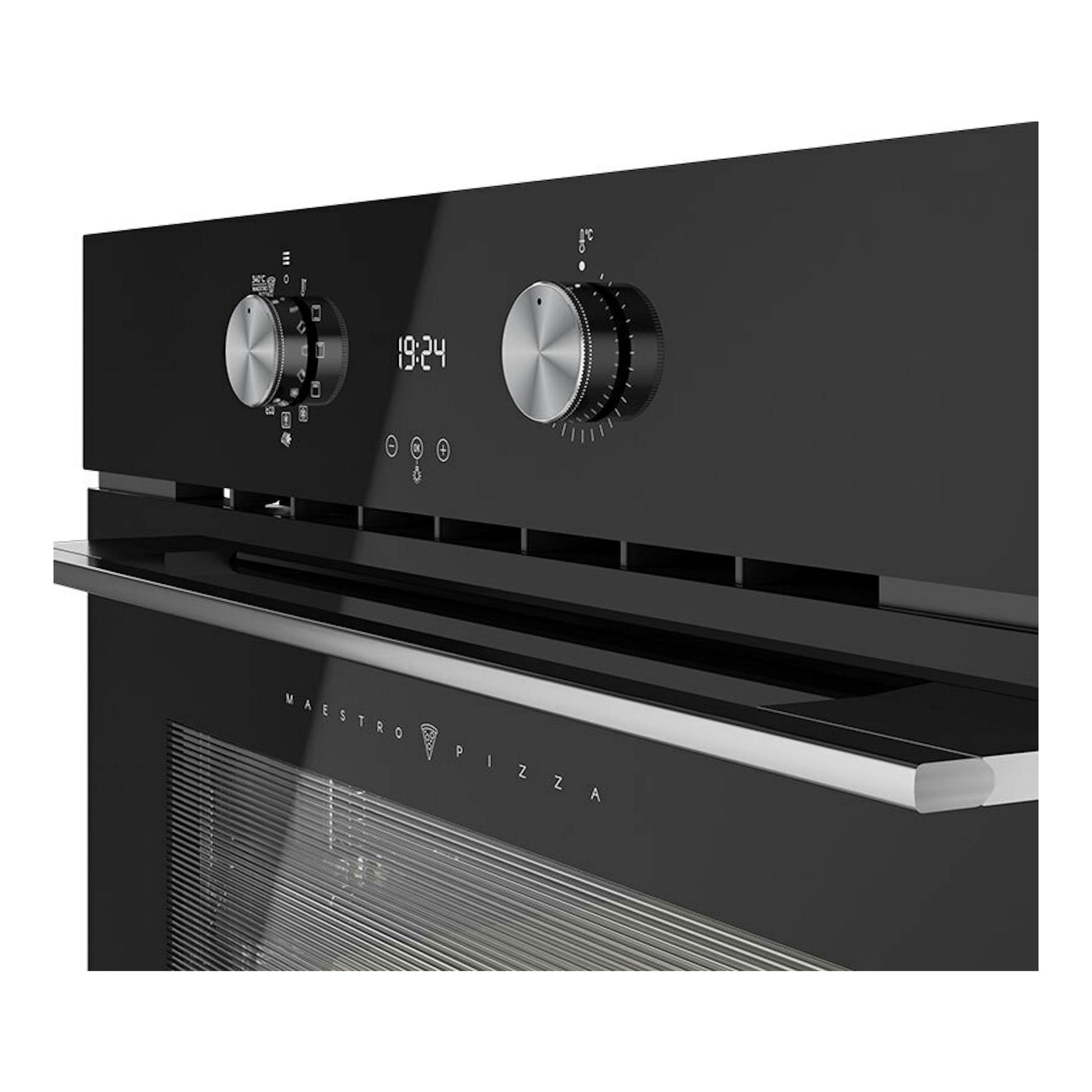 Horno Teka HLC8510 P de cristal negro, vista frontal inclinada, con mandos giratorios y display digital.