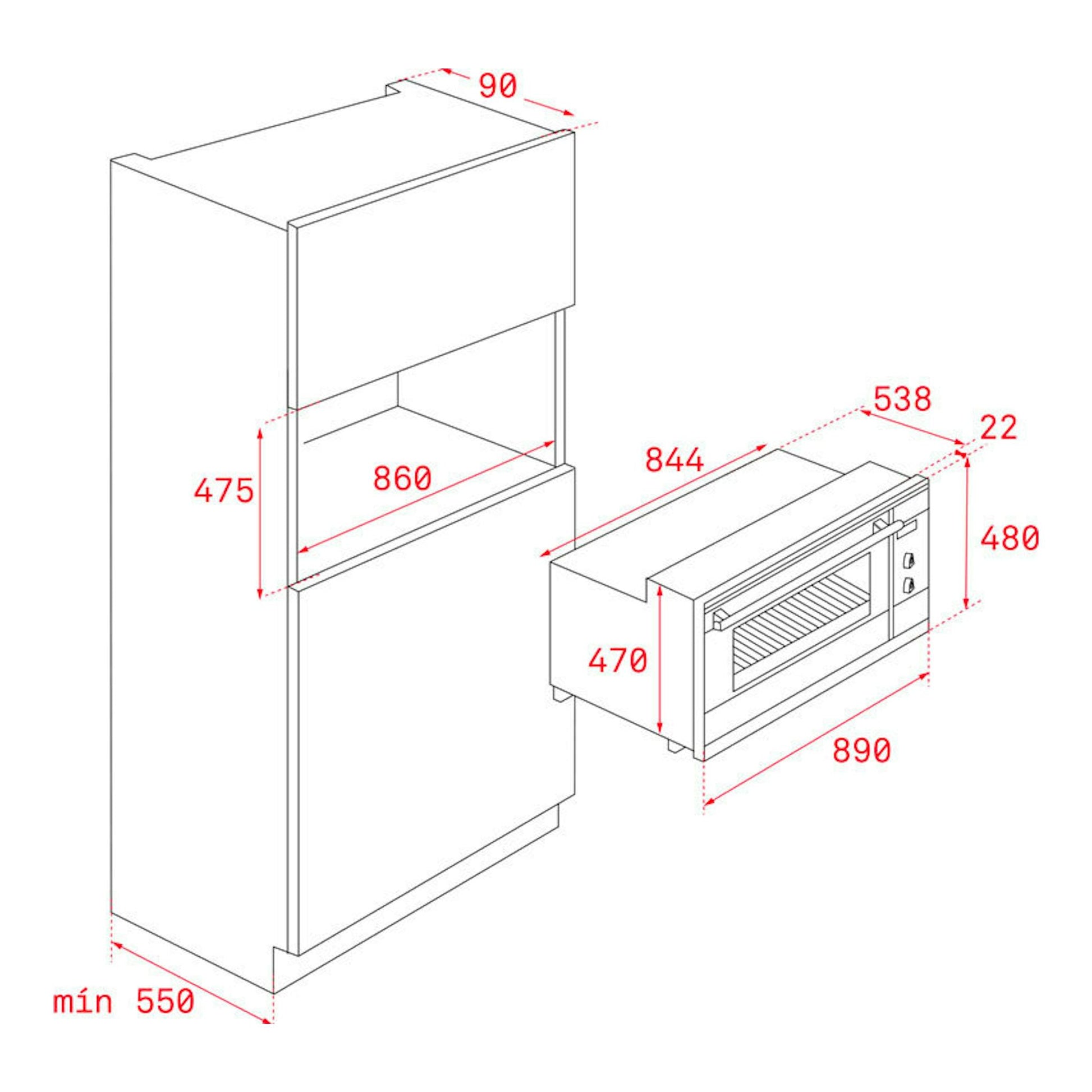 Esquema de instalación del horno Teka HLF 940 negro, con vistas frontal y lateral y medidas en mm.