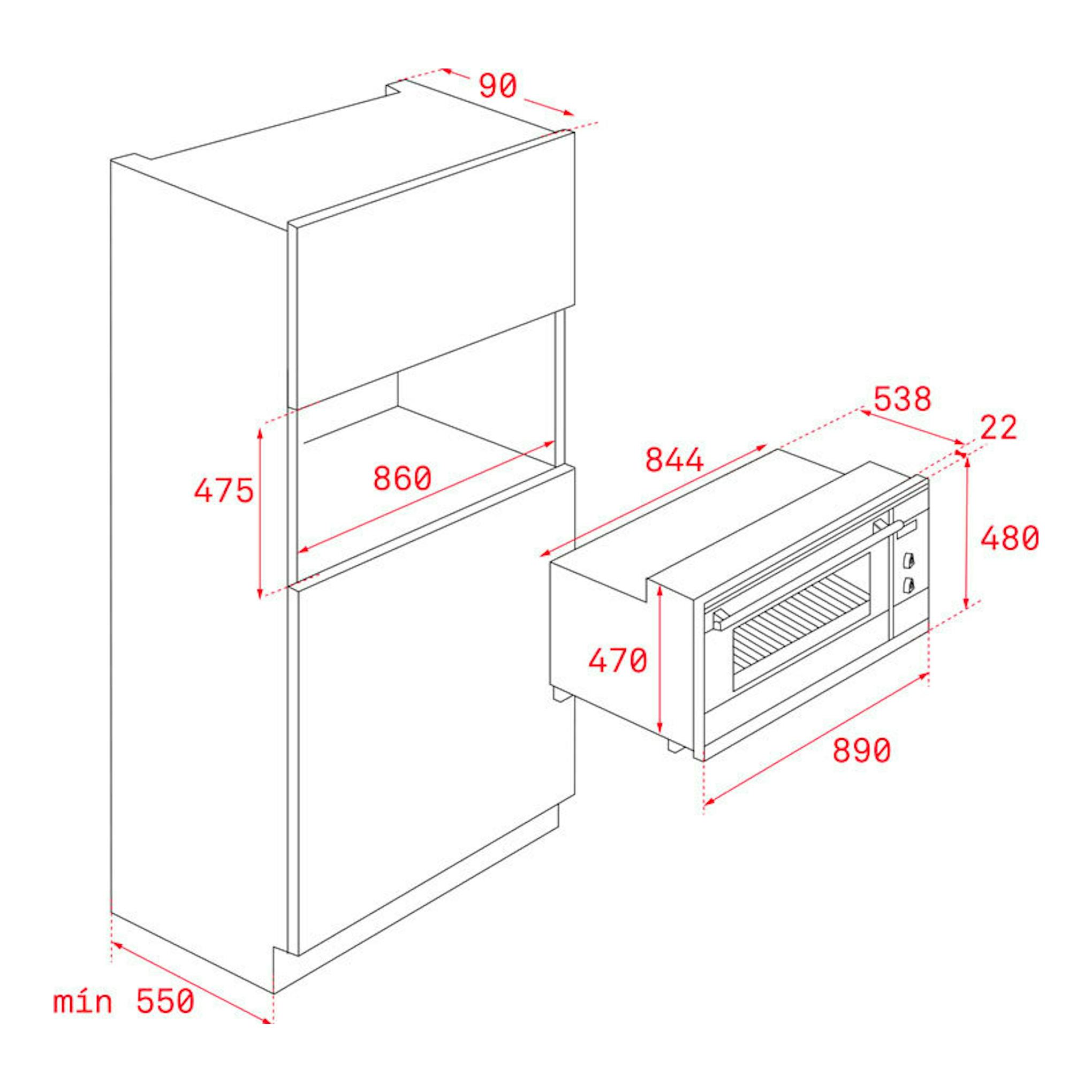 Esquema de instalación del horno Teka HLF 940 negro, con vistas frontal y lateral y medidas en mm.
