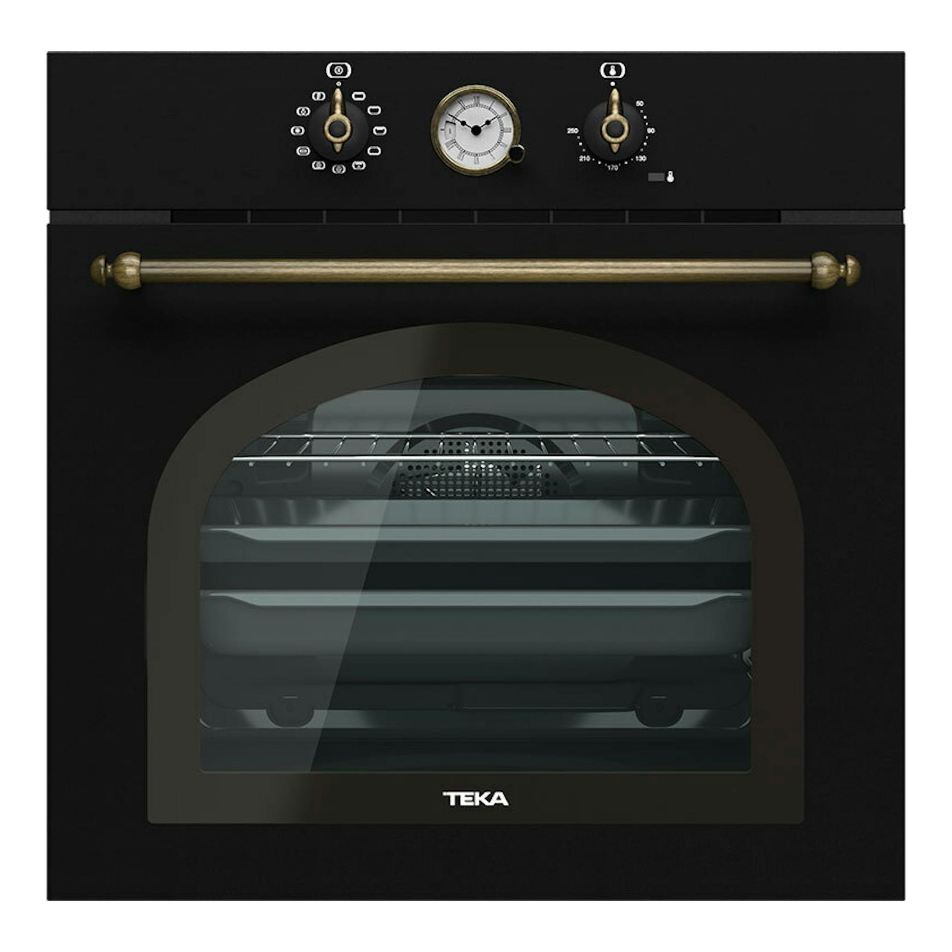 Horno Teka HRB 6300 AT antracita, vista frontal, con mandos bronce, reloj analógico y puerta de cristal.
