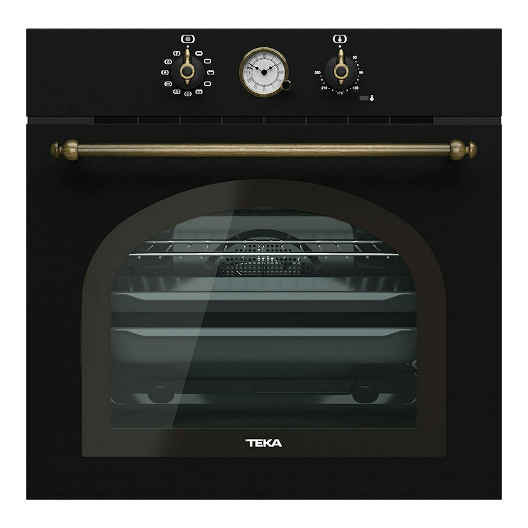 Horno Teka HRB 6300 AT antracita, vista frontal, con mandos bronce, reloj analógico y puerta de cristal.