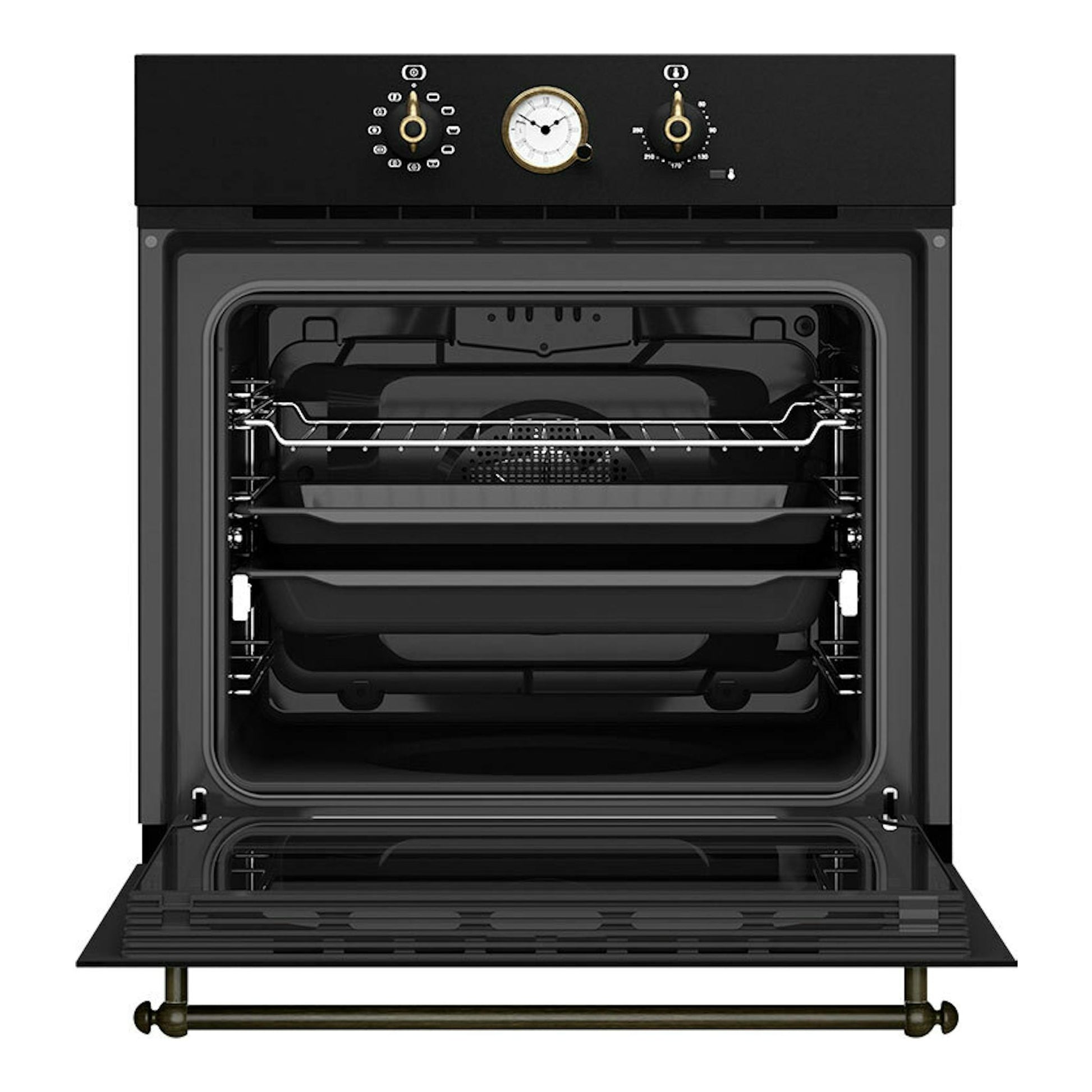 Horno Teka HRB 6300 AT antracita, vista frontal con puerta abatible abierta y mandos analógicos.