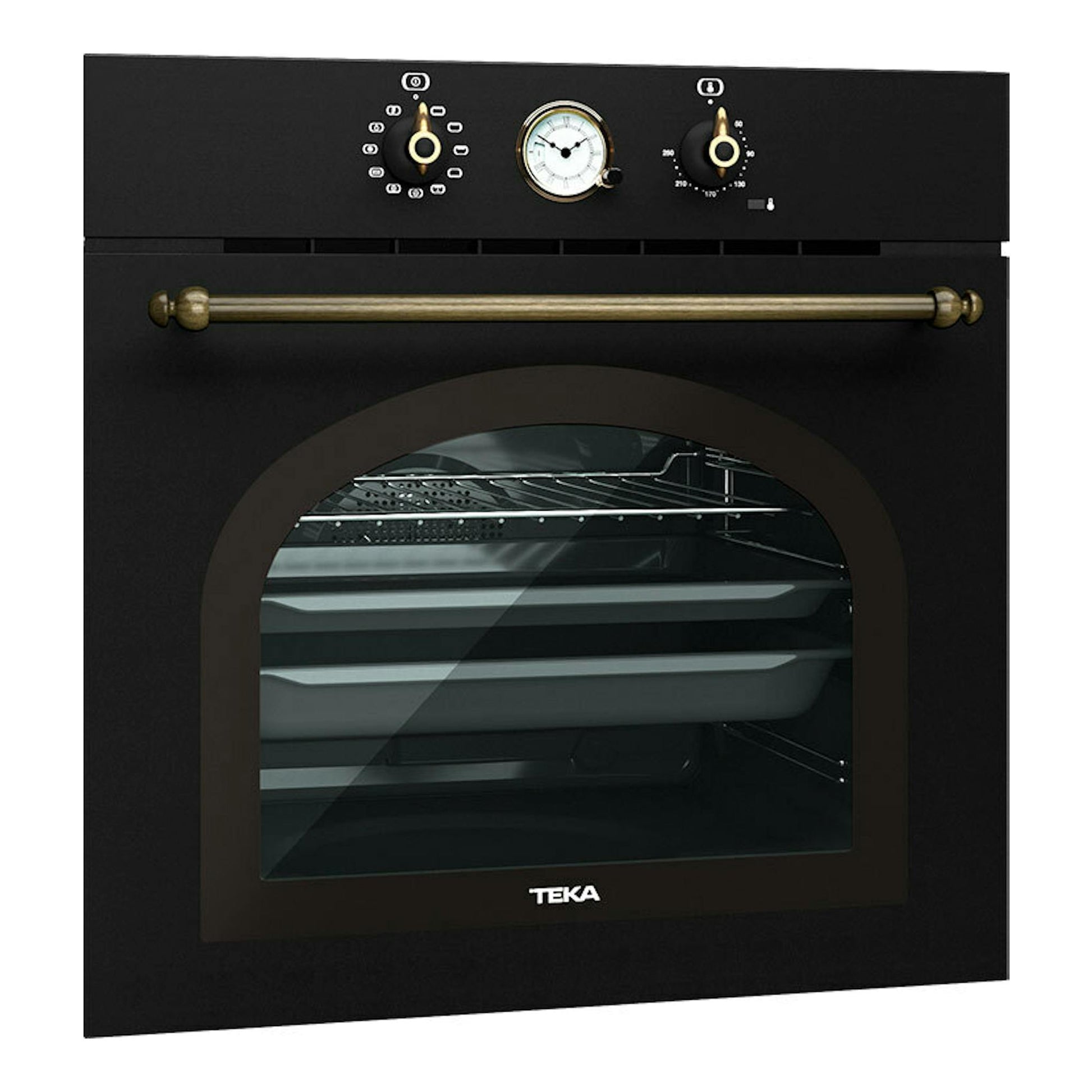 Horno Teka HRB 6300 AT antracita, vista frontal, con puerta de cristal, mando analógico y tirador dorado.