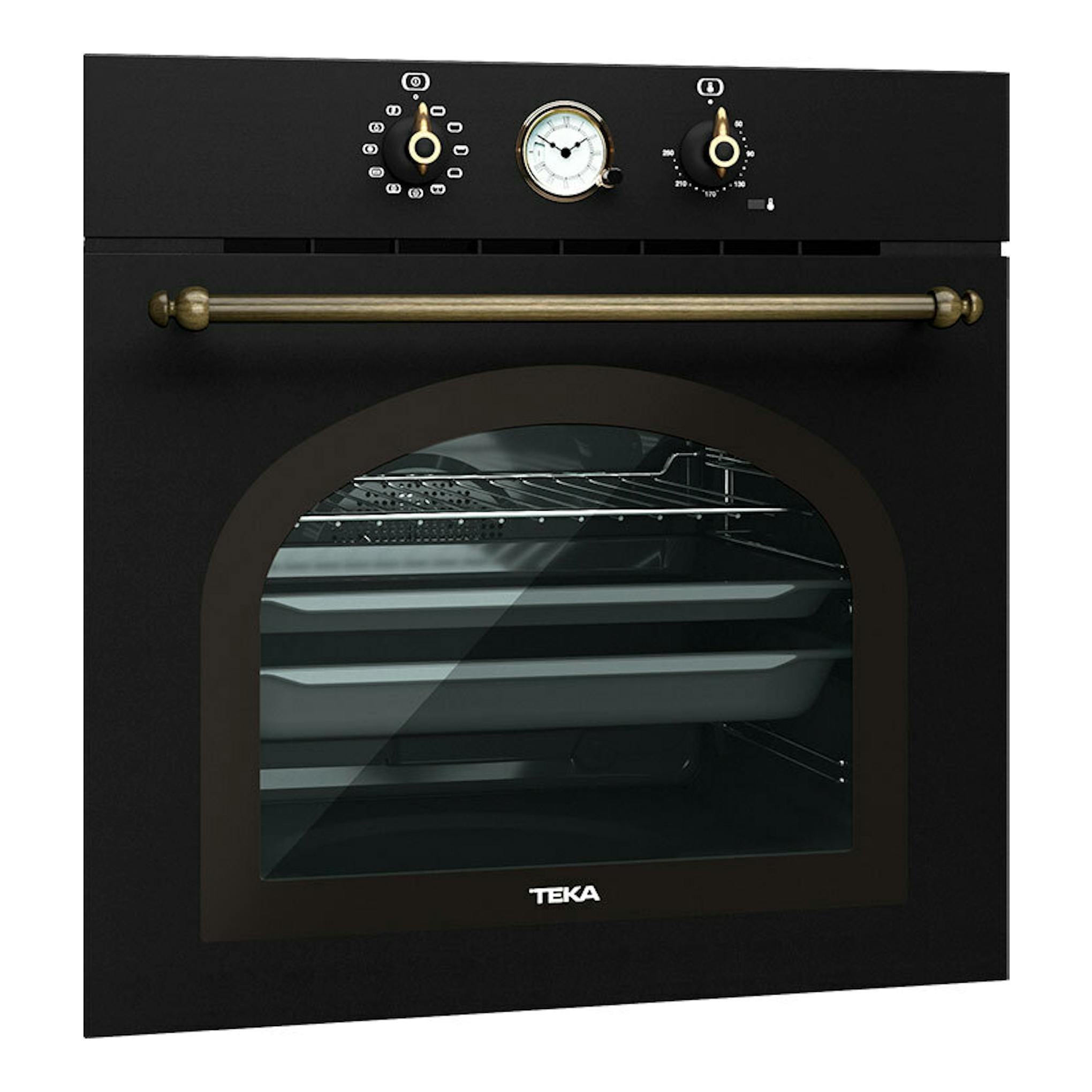 Horno Teka HRB 6300 AT antracita, vista frontal, con puerta de cristal, mando analógico y tirador dorado.