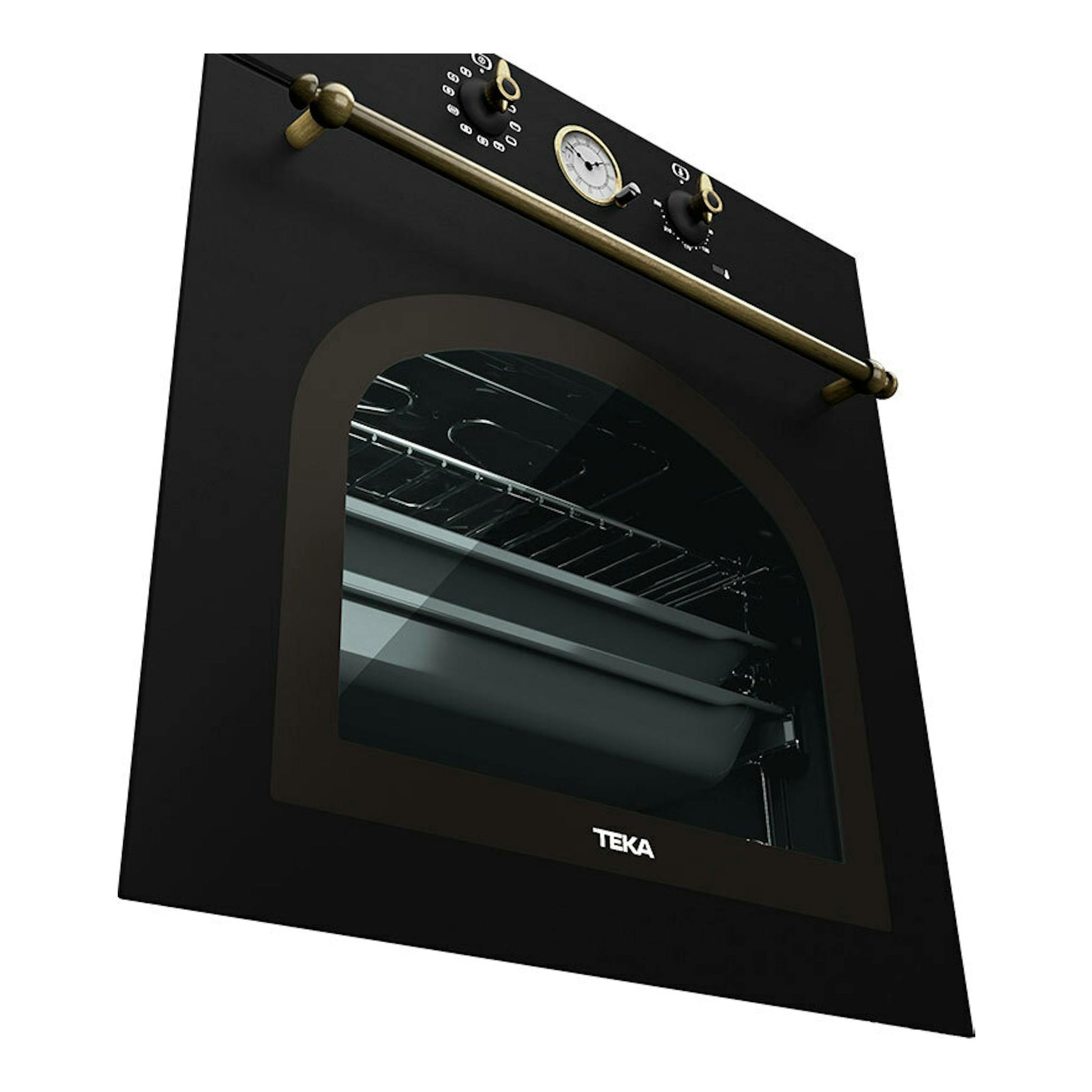 Horno Teka HRB 6300 AT antracita, vista frontal en ángulo, con puerta de vidrio y mandos superiores.