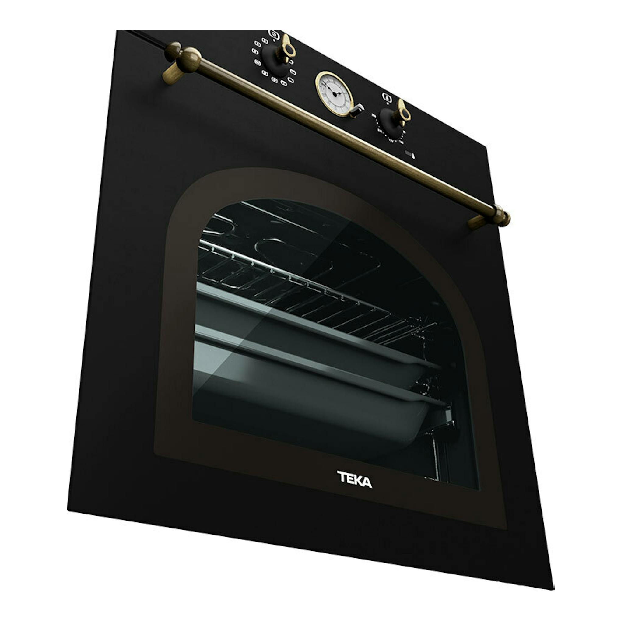 Horno Teka HRB 6300 AT antracita, vista frontal en ángulo, con puerta de vidrio y mandos superiores.