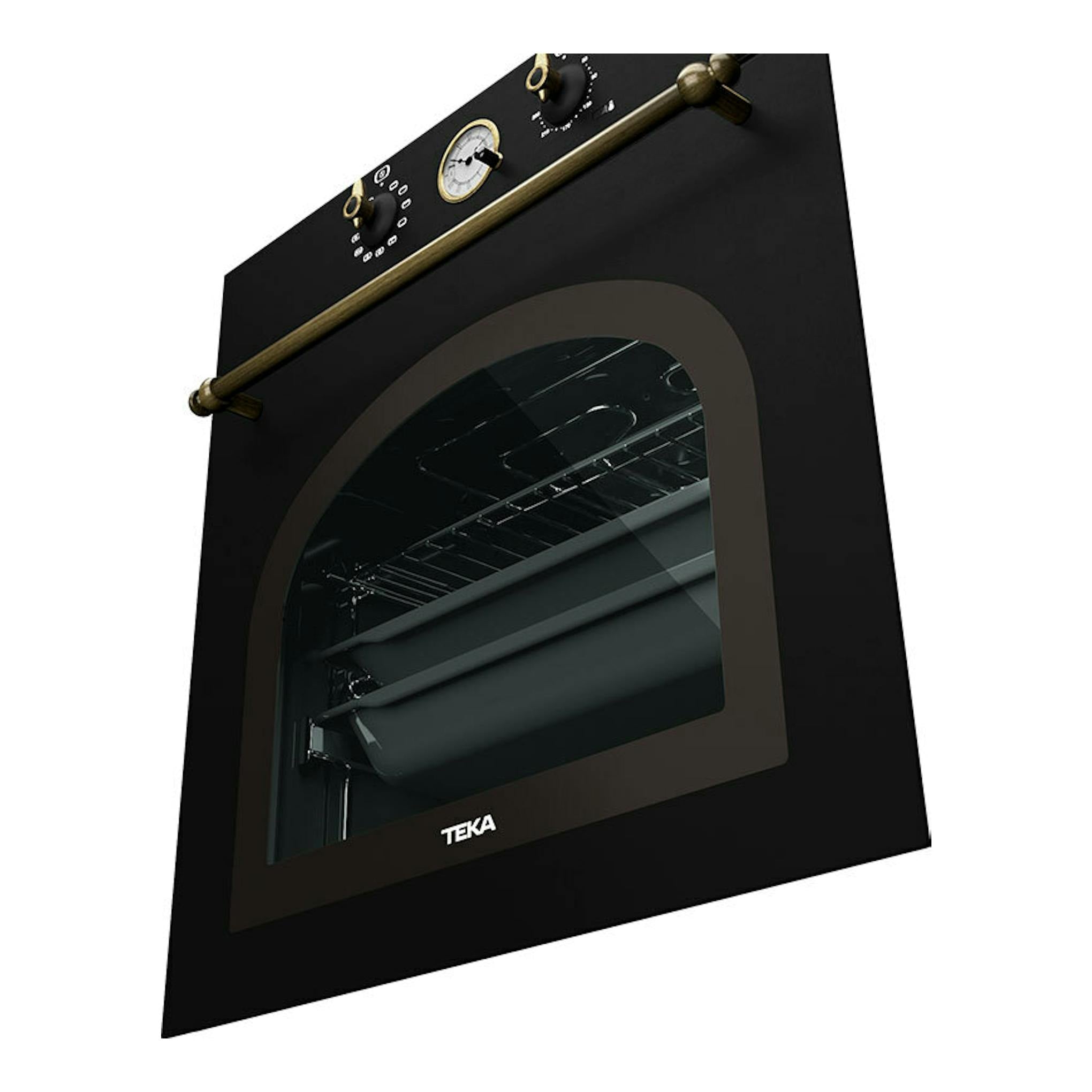 Horno Teka HRB 6300 AT antracita, vista en ángulo frontal con puerta de cristal y mandos superiores.