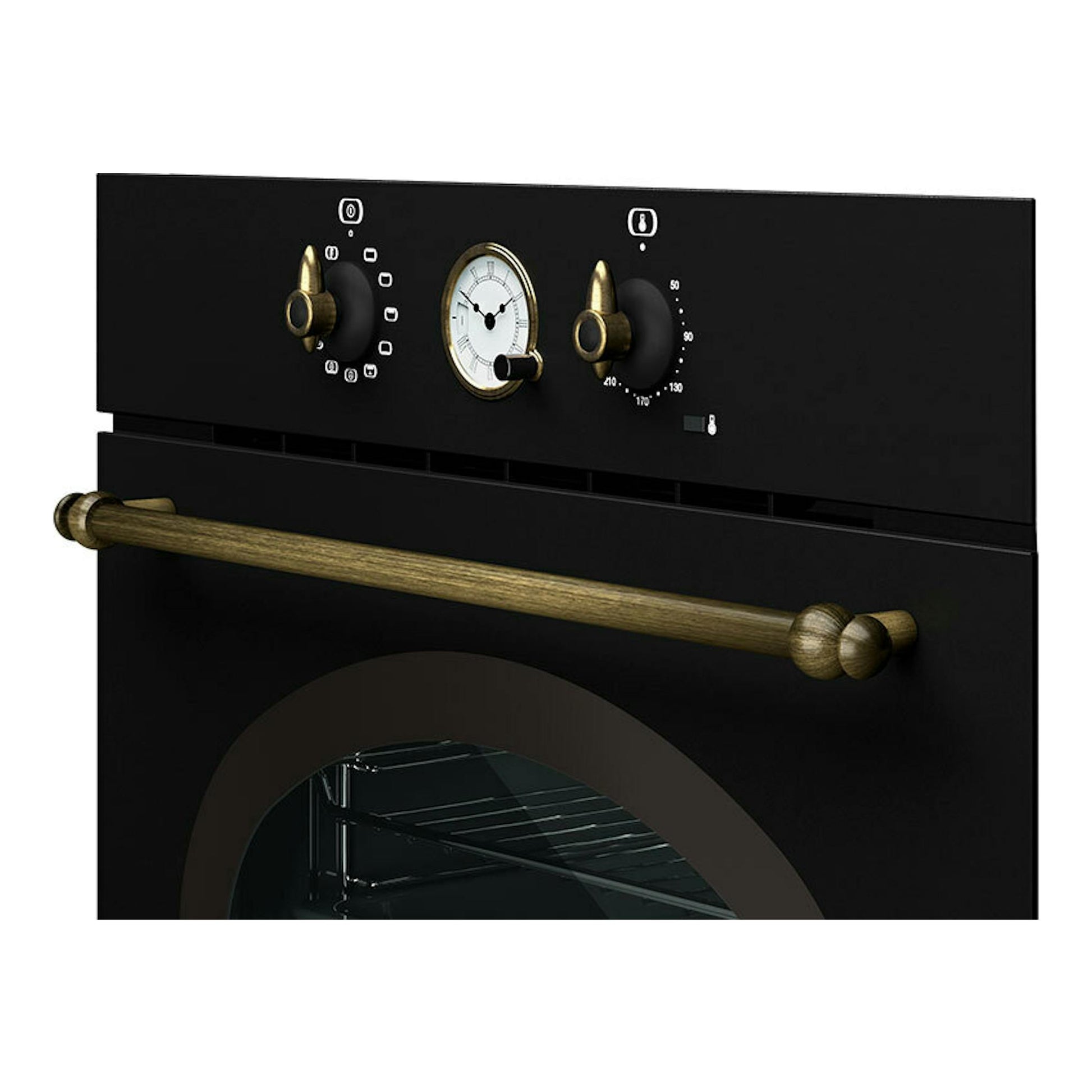 Horno Teka HRB 6300 AT antracita, frontal negro con mandos dorados y tirador efecto madera.