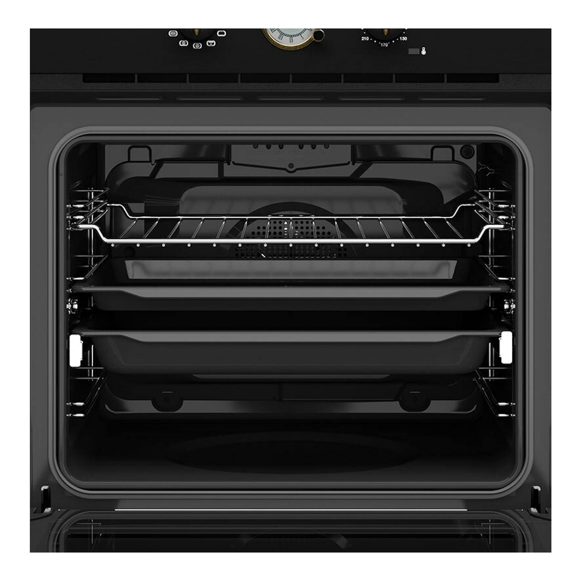 Horno Teka HRB 6300 AT antracita, vista frontal del interior con puerta abierta y rejillas metálicas.