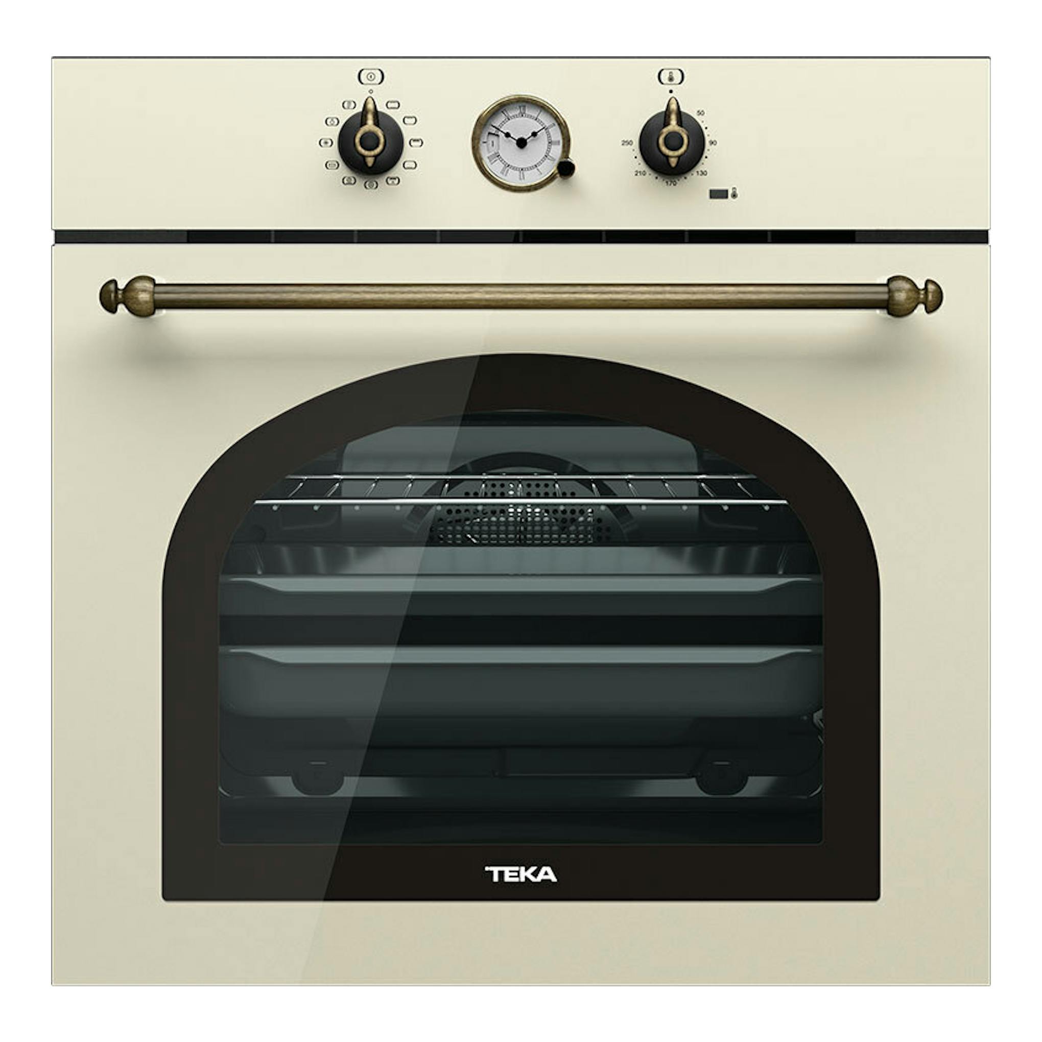 Horno empotrable Teka HRB 6300 VN, color vainilla, vista frontal, con puerta de vidrio y mandos mecánicos.