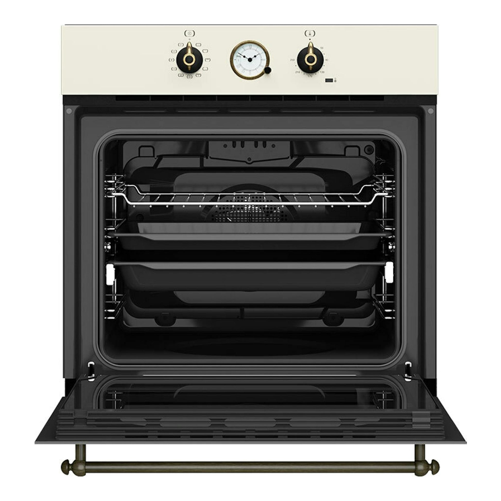 Horno Teka HRB 6300 VN vainilla, vista frontal con puerta abierta y mandos analógicos.