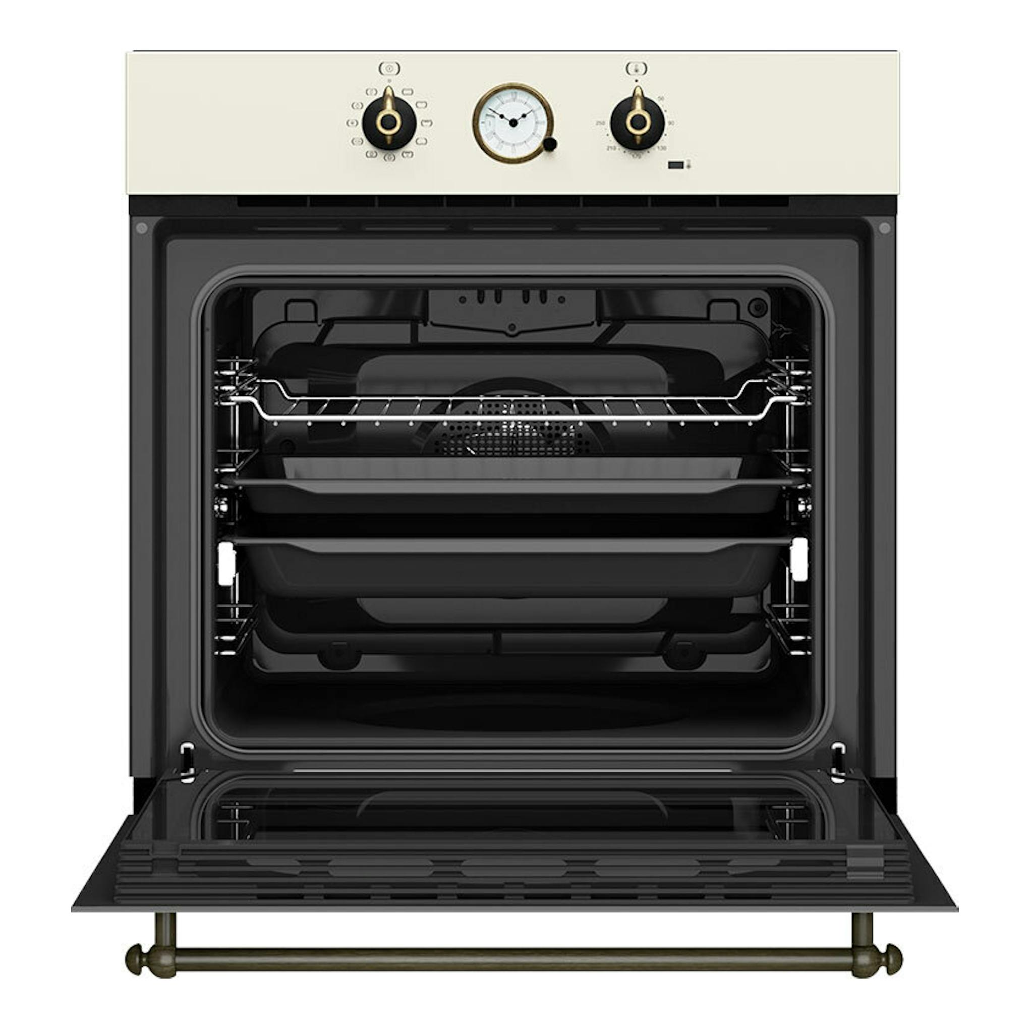 Horno Teka HRB 6300 VN vainilla, vista frontal con puerta abierta y mandos analógicos.
