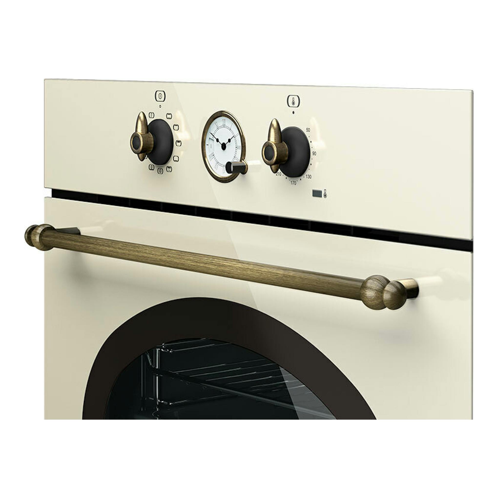 Horno empotrable Teka HRB 6300 VN color vainilla, vista frontal, con mandos analógicos y asa efecto madera.