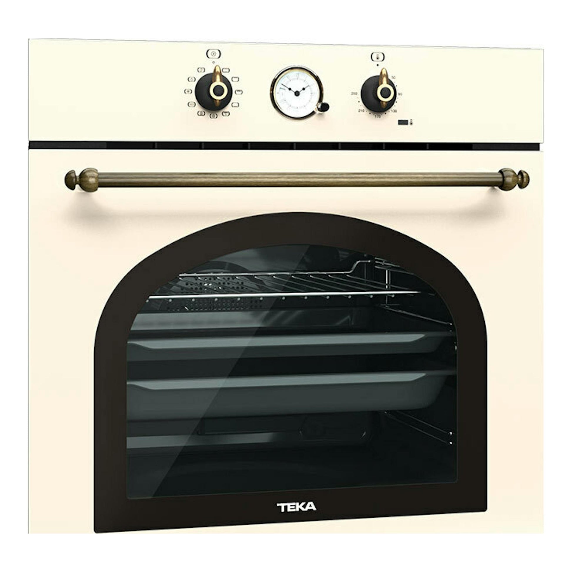 Horno Teka HRB 6300 VN color vainilla, vista frontal, con puerta de vidrio negro arqueada y mandos superiores.