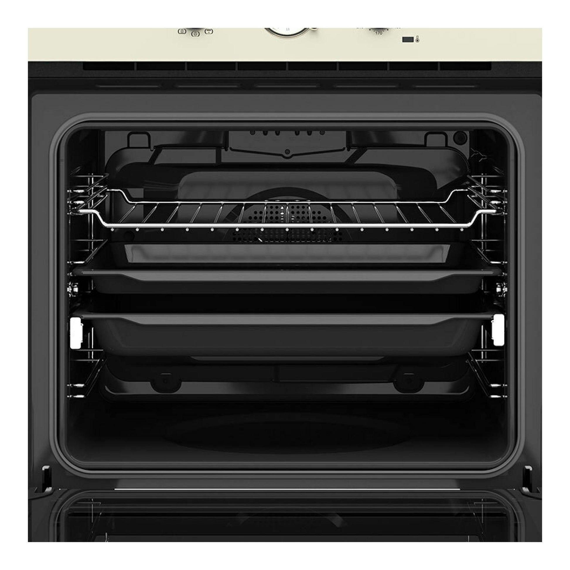 Horno Teka HRB 6300 VN Vainilla, vista frontal del interior negro con rejillas y bandejas.