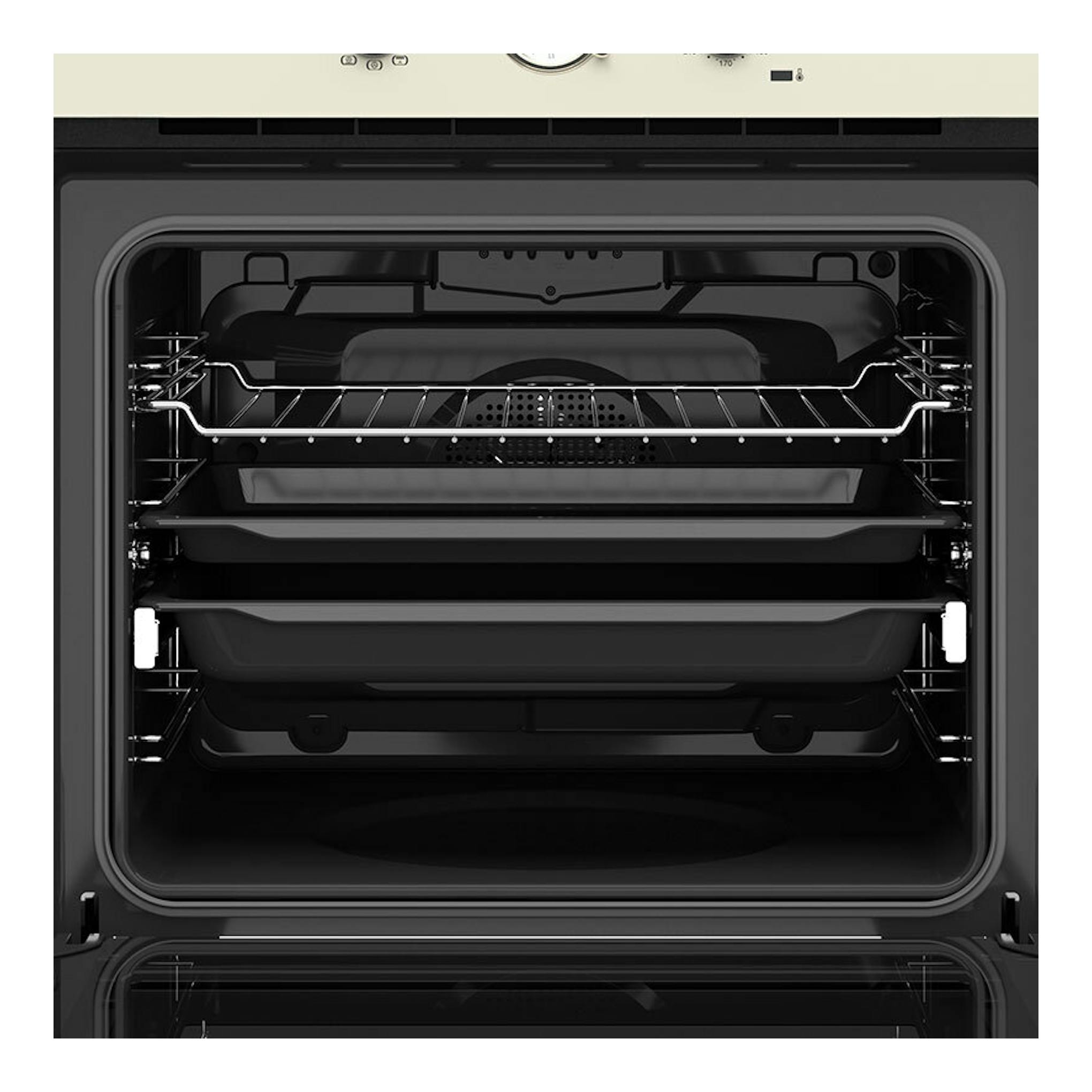 Horno Teka HRB 6300 VN Vainilla, vista frontal del interior negro con rejillas y bandejas.