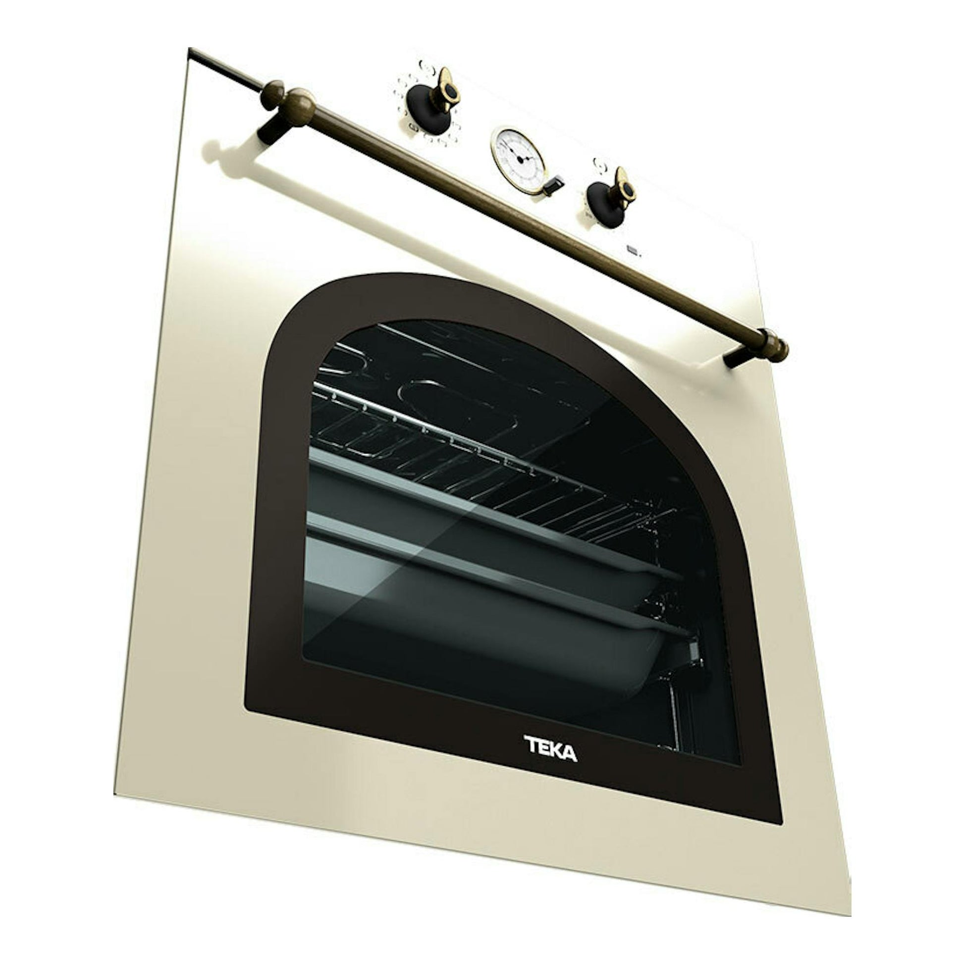 Horno Teka HRB 6300 VN color vainilla, vista frontal en ángulo, con puerta de cristal negra y mandos superiores.