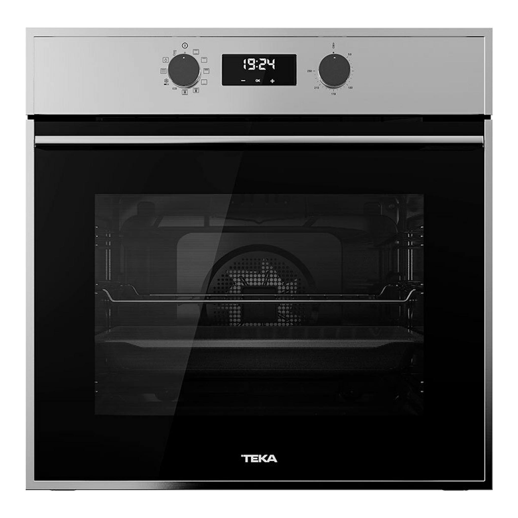 Horno Teka HSB 625 P Inox, vista frontal, acabado inoxidable, puerta de cristal negro y panel digital.