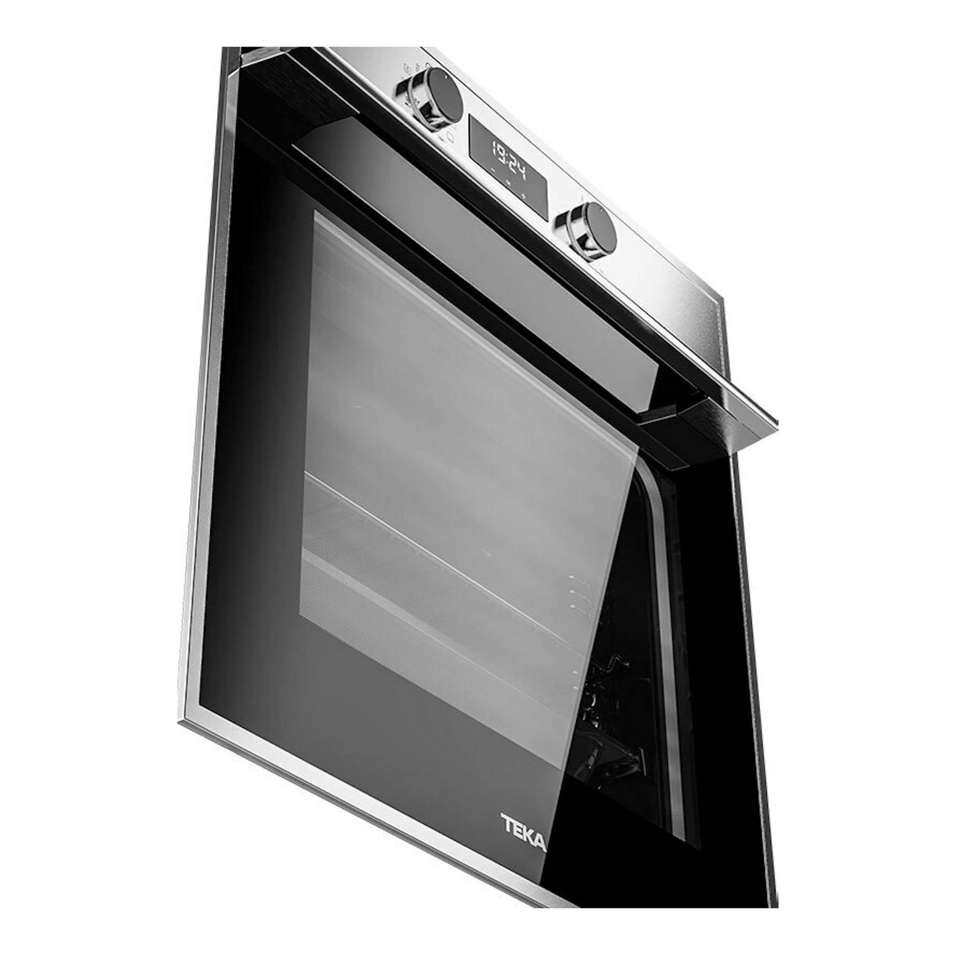 Horno empotrable Teka HSB 625 P inox, vista en ángulo, frontal negro con marco y mandos inox.
