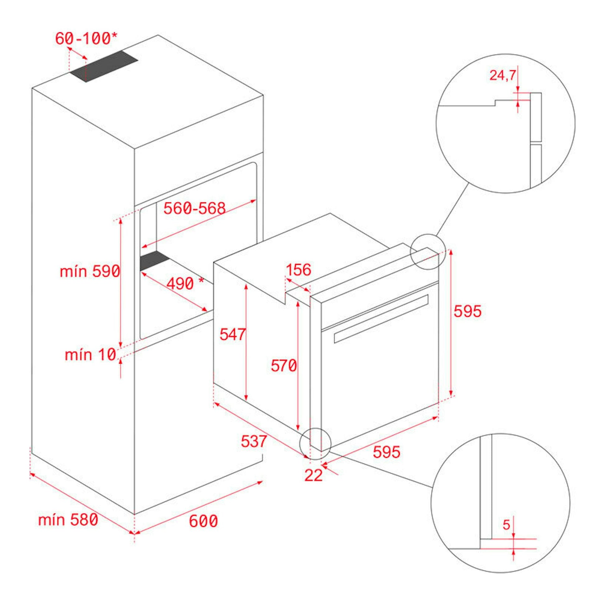 Diagrama técnico en blanco y negro del horno Teka HSB 625 P Inox, vista isométrica con medidas de instalación.