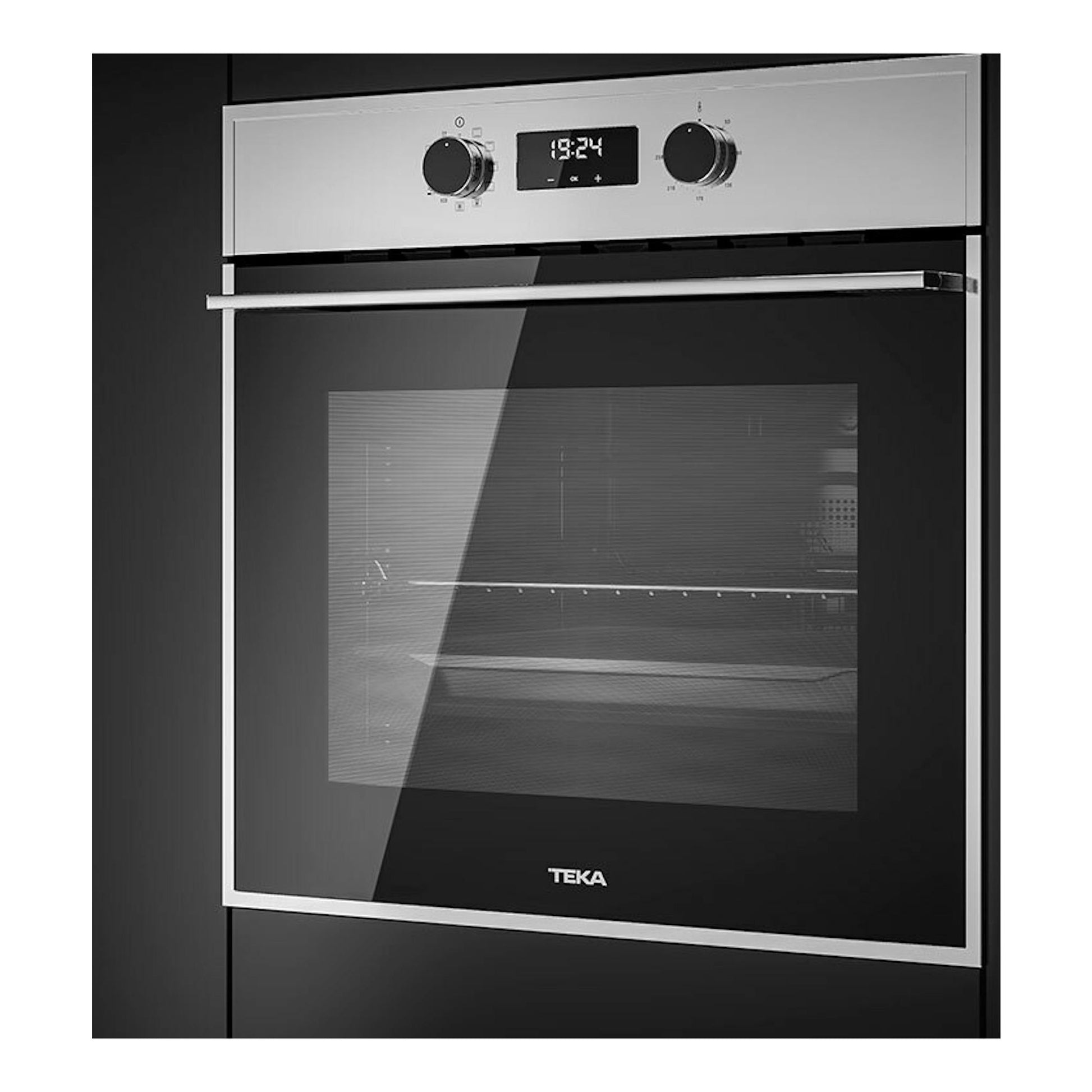 Horno Teka HSB 625 P Inox, vista frontal, acabado inox con puerta de cristal negro y panel digital.