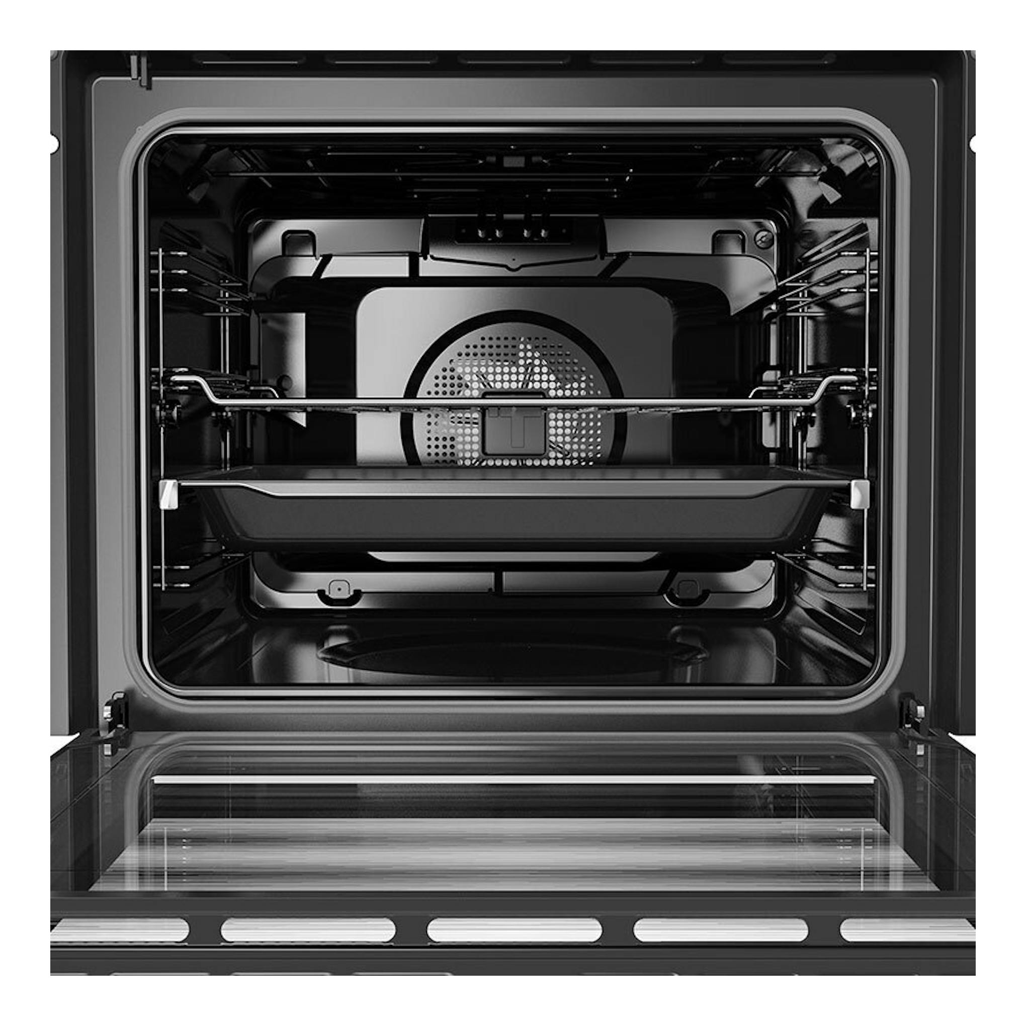 Horno Teka HSB 625 P Inox, vista frontal del interior negro con bandeja y parrilla.