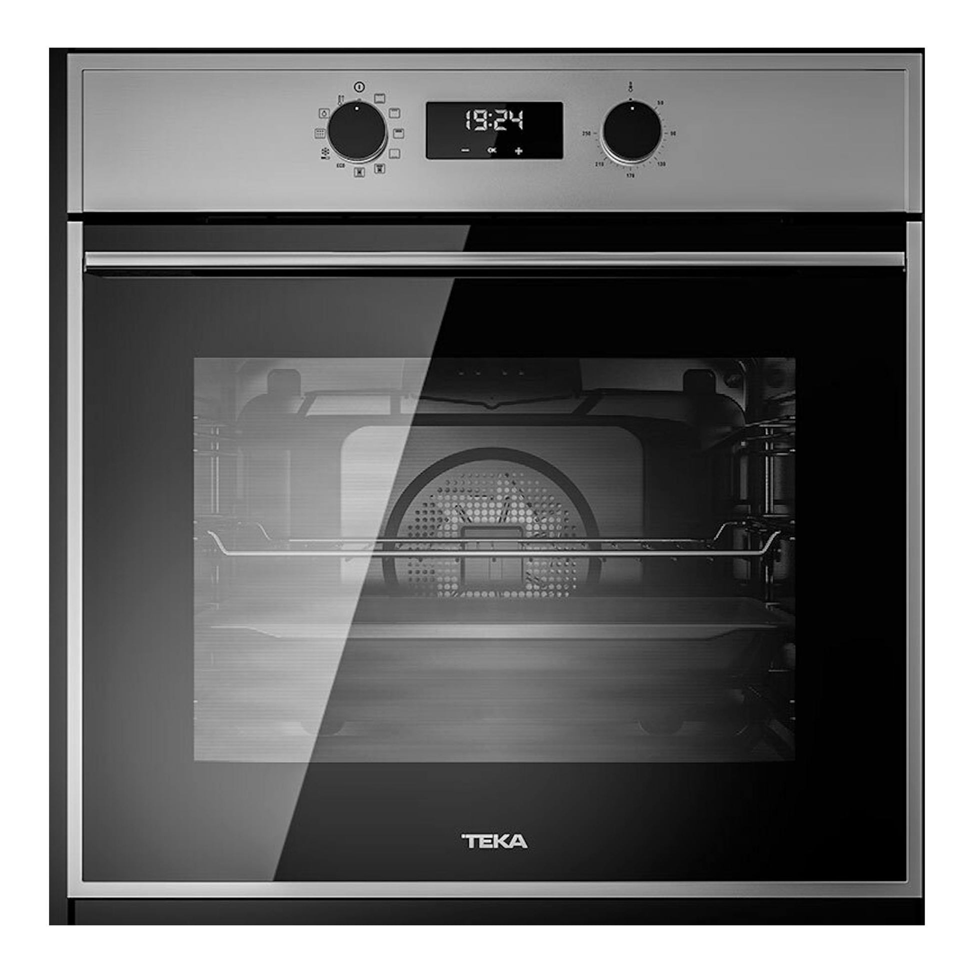 Horno Teka HSB 625 P Inox, vista frontal, acabado inox y puerta de cristal negro con panel digital.