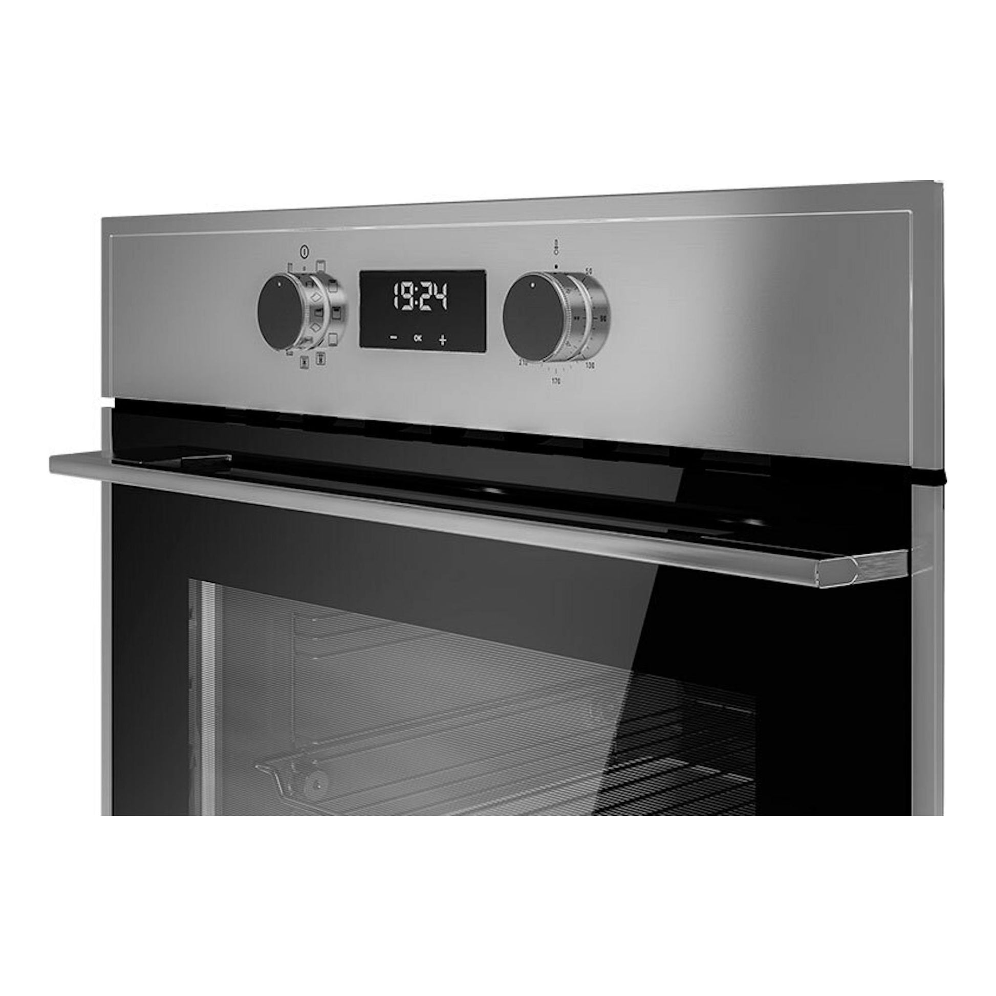 Horno Teka HSB 625 P Inox, vista frontal, acabado inox y puerta abatible abierta, con panel digital y dos mandos.