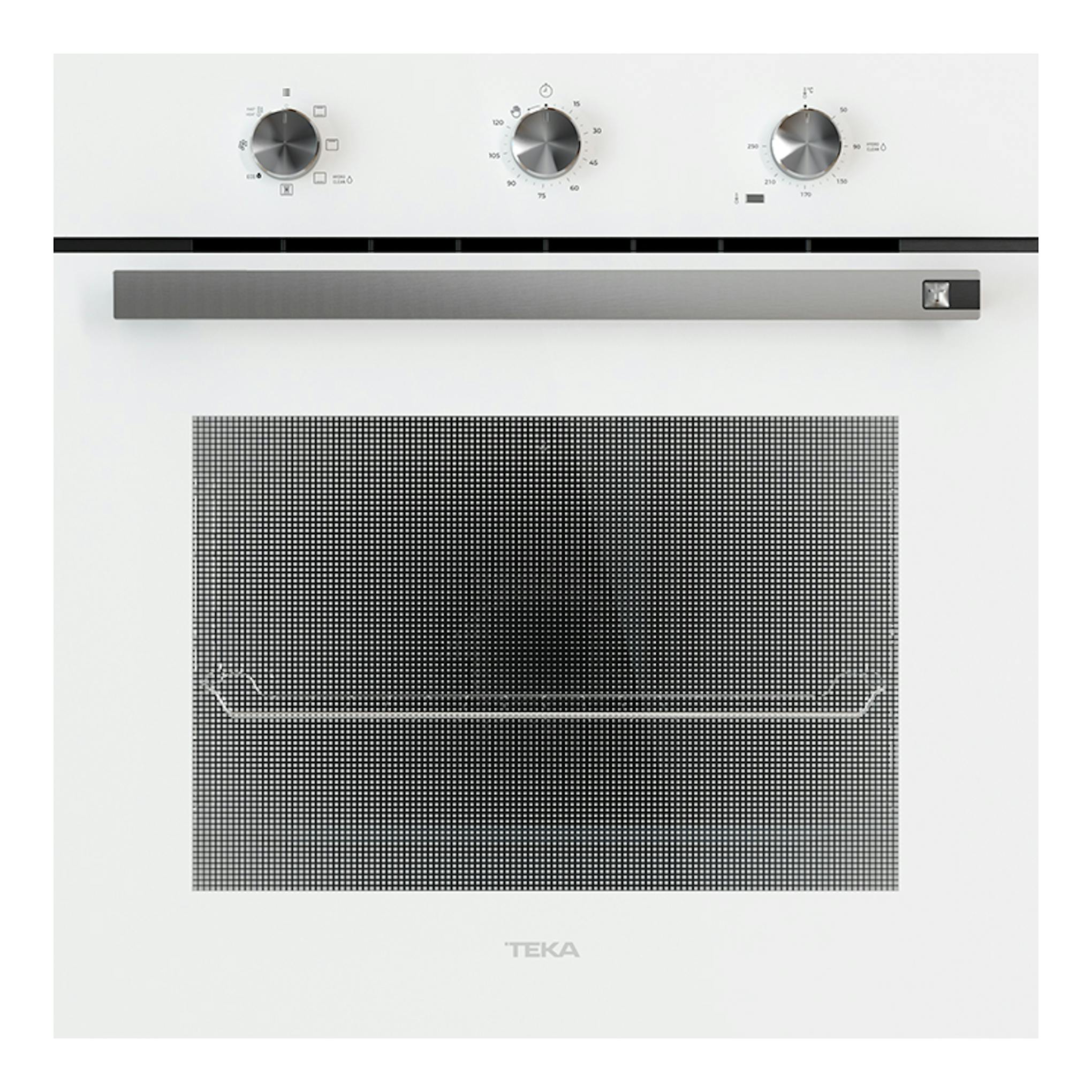 Horno empotrable Teka HSB6150 blanco, vista frontal, con tres mandos y puerta de vidrio.