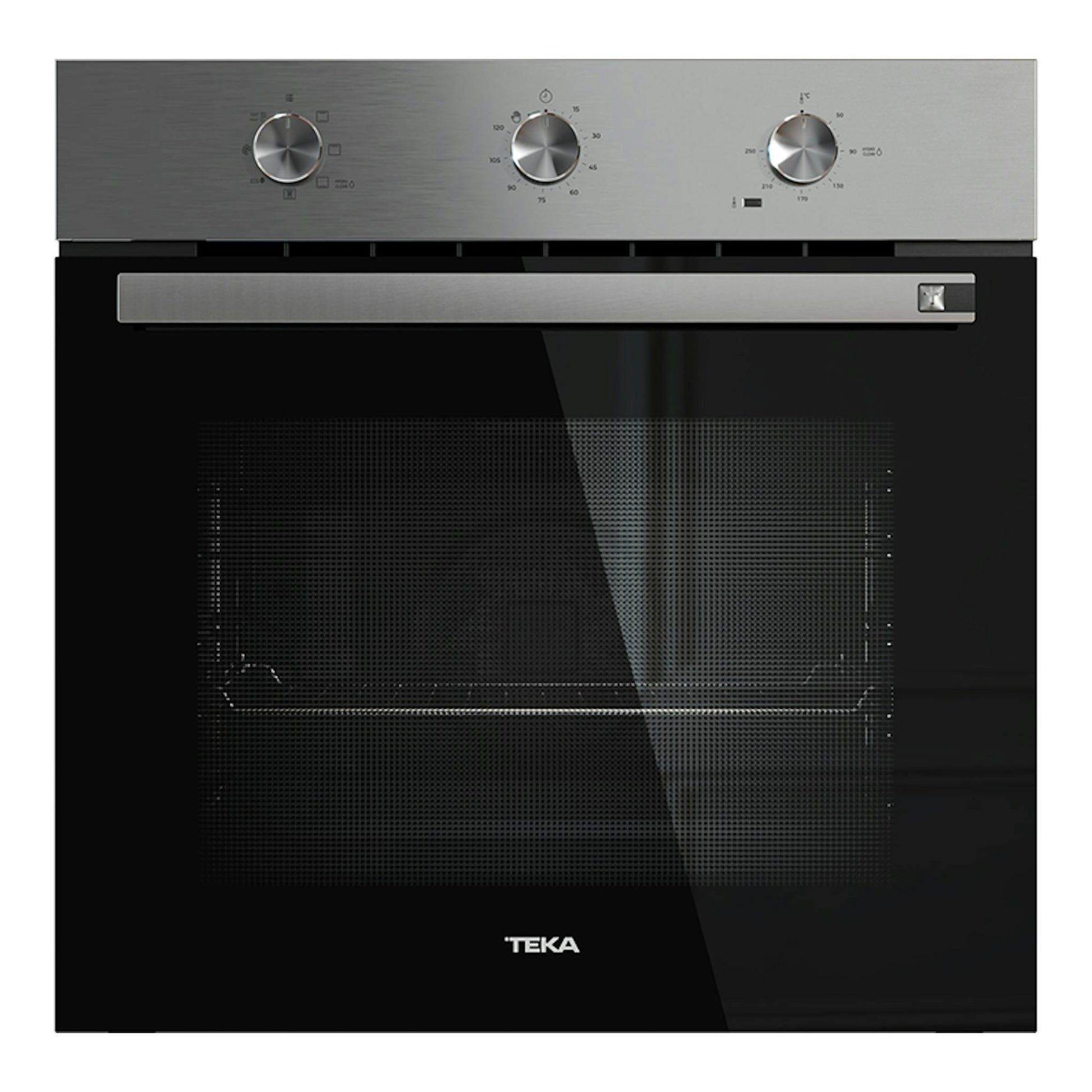 Horno empotrable Teka HSB6150 Inox, vista frontal, acabado negro con panel superior acero inoxidable y tres mandos.