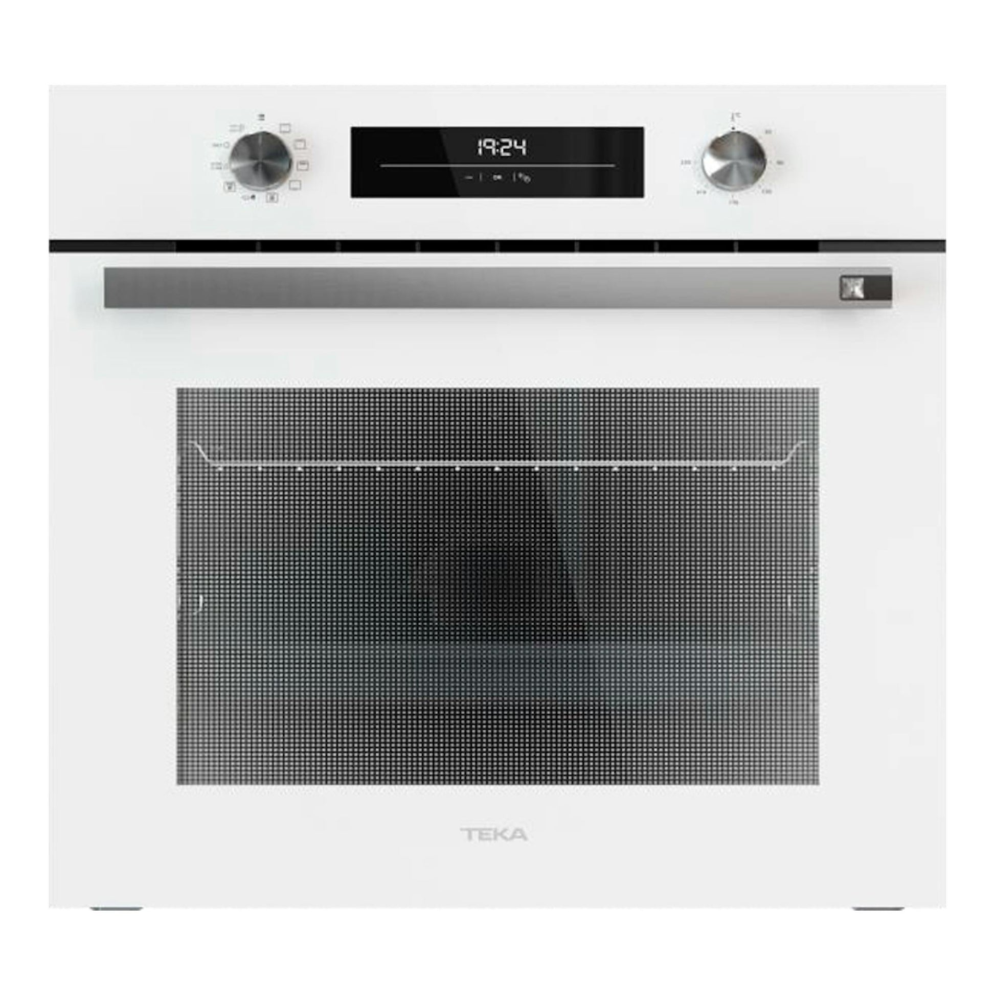 Horno Teka HSB6250P blanco, vista frontal, con dos mandos, display central y puerta de cristal.